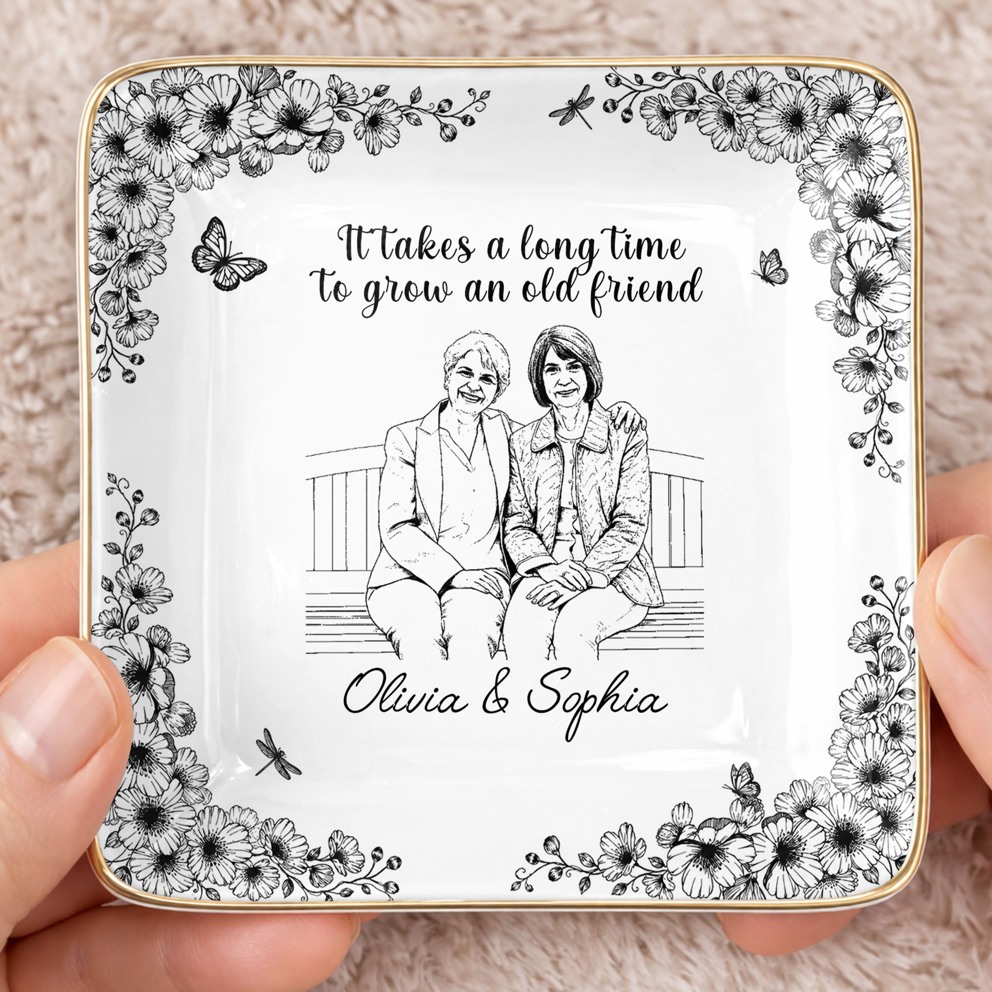 It Takes A Long Time To Grow An Old Friend Flower Portrait - Personalized Custom Jewelry Dish, Ceramic Dish, Square Shape - BST674_SCRF