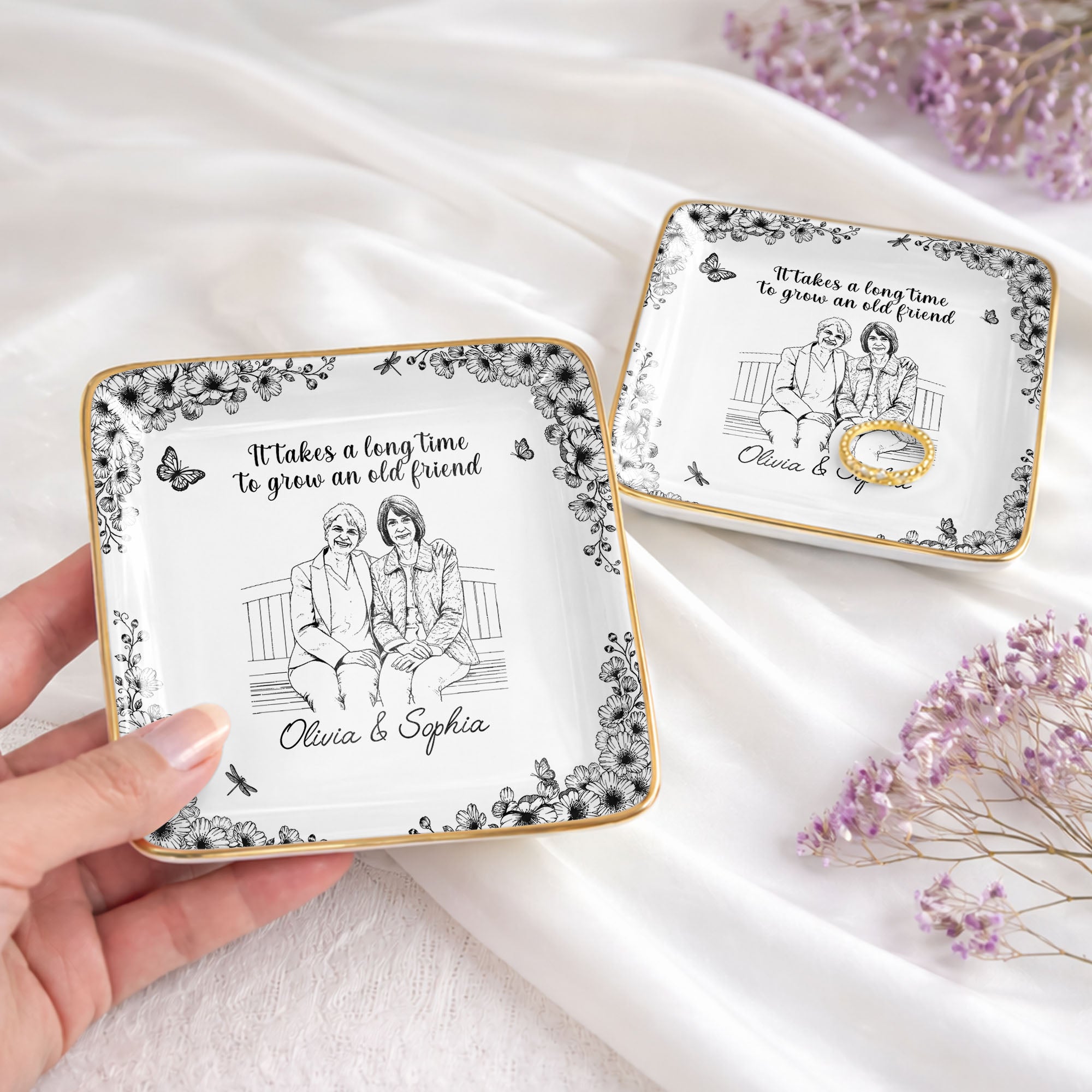 It Takes A Long Time To Grow An Old Friend Flower Portrait - Personalized Custom Jewelry Dish, Ceramic Dish, Square Shape - BST674_SCRF