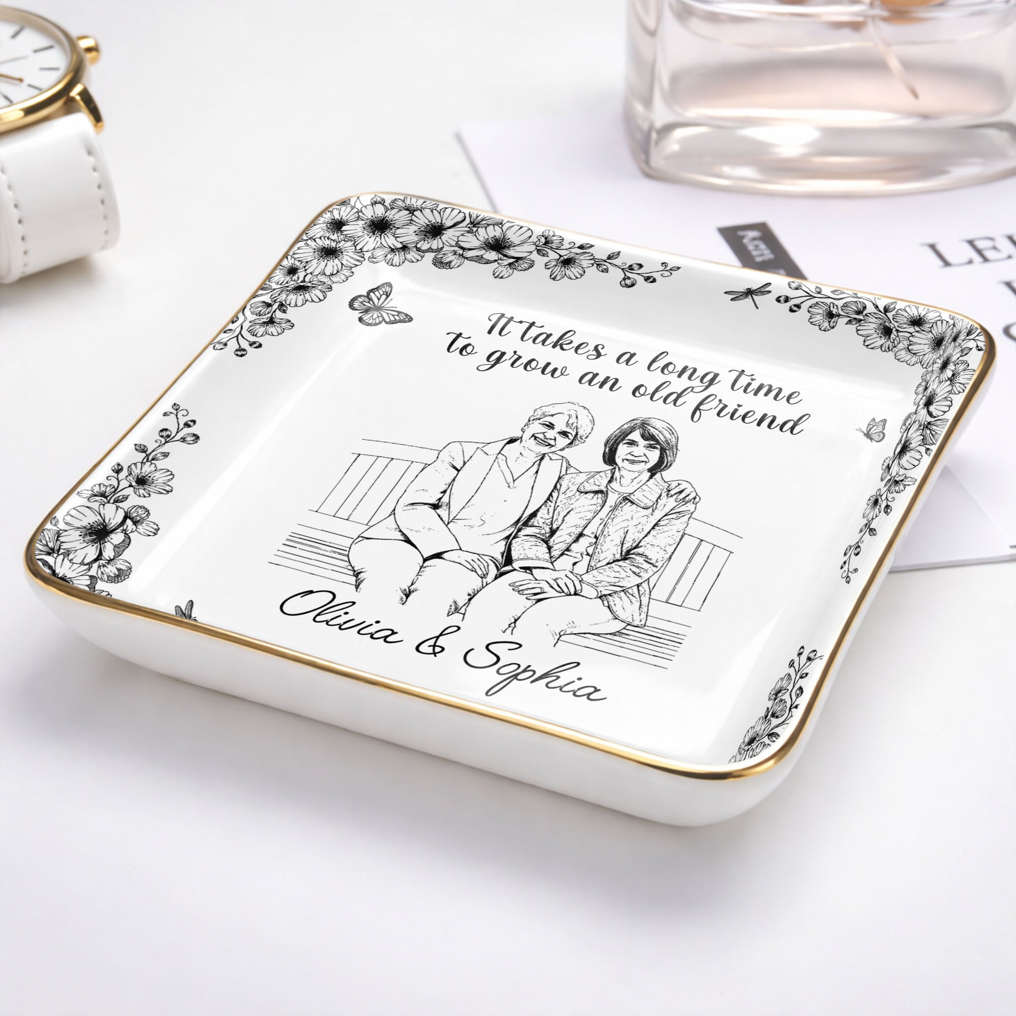 It Takes A Long Time To Grow An Old Friend Flower Portrait - Personalized Custom Jewelry Dish, Ceramic Dish, Square Shape - BST674_SCRF