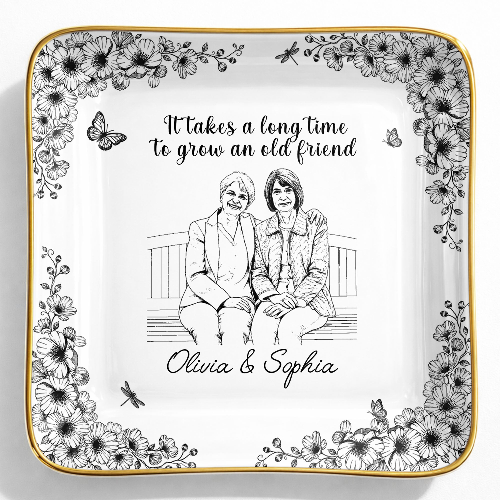 It Takes A Long Time To Grow An Old Friend Flower Portrait - Personalized Custom Jewelry Dish, Ceramic Dish, Square Shape - BST674_SCRF