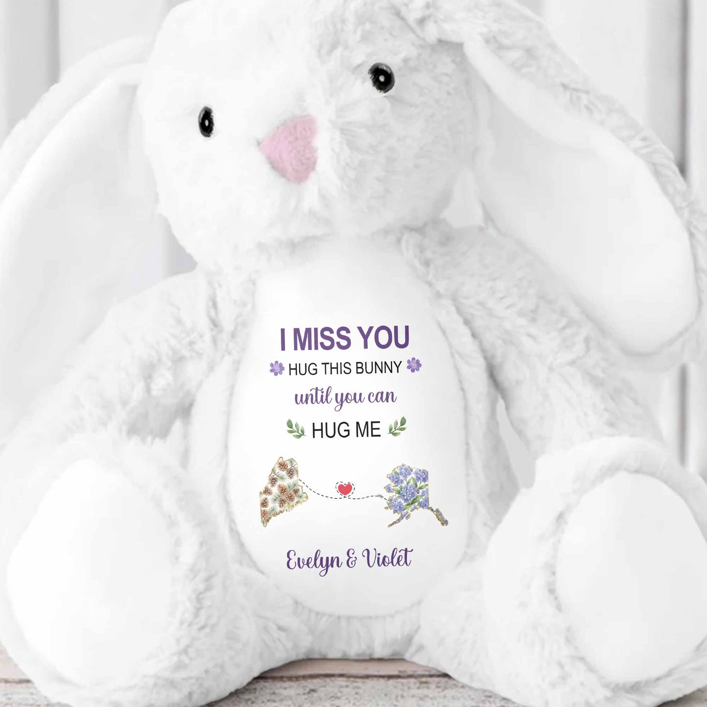 I Miss You Hug This Bear With Custom State Art And Flowers - Personalized Stuffed Bunny - BST686_BUN