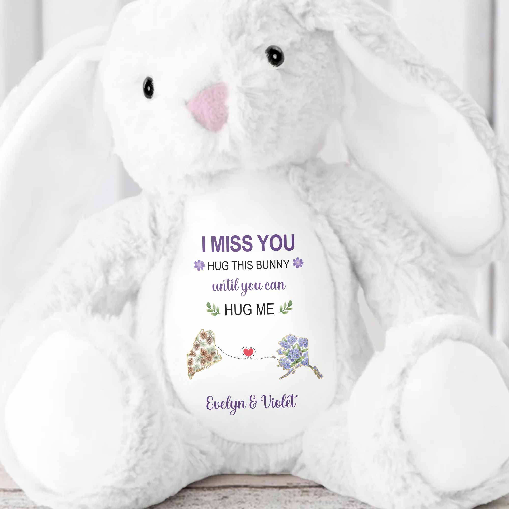 I Miss You Hug This Bear With Custom State Art And Flowers - Personalized Stuffed Bunny - BST686_BUN
