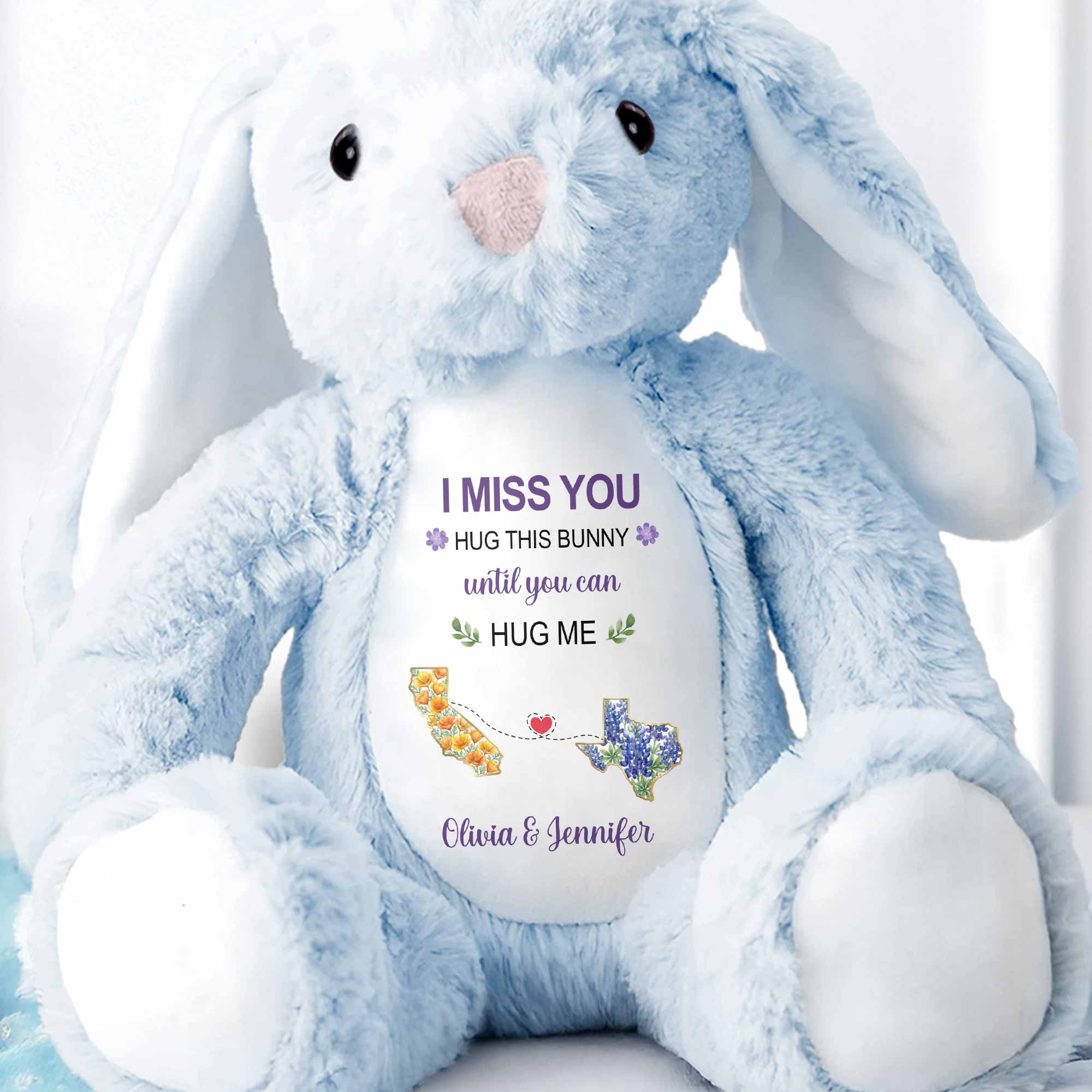 I Miss You Hug This Bear With Custom State Art And Flowers - Personalized Stuffed Bunny - BST686_BUN