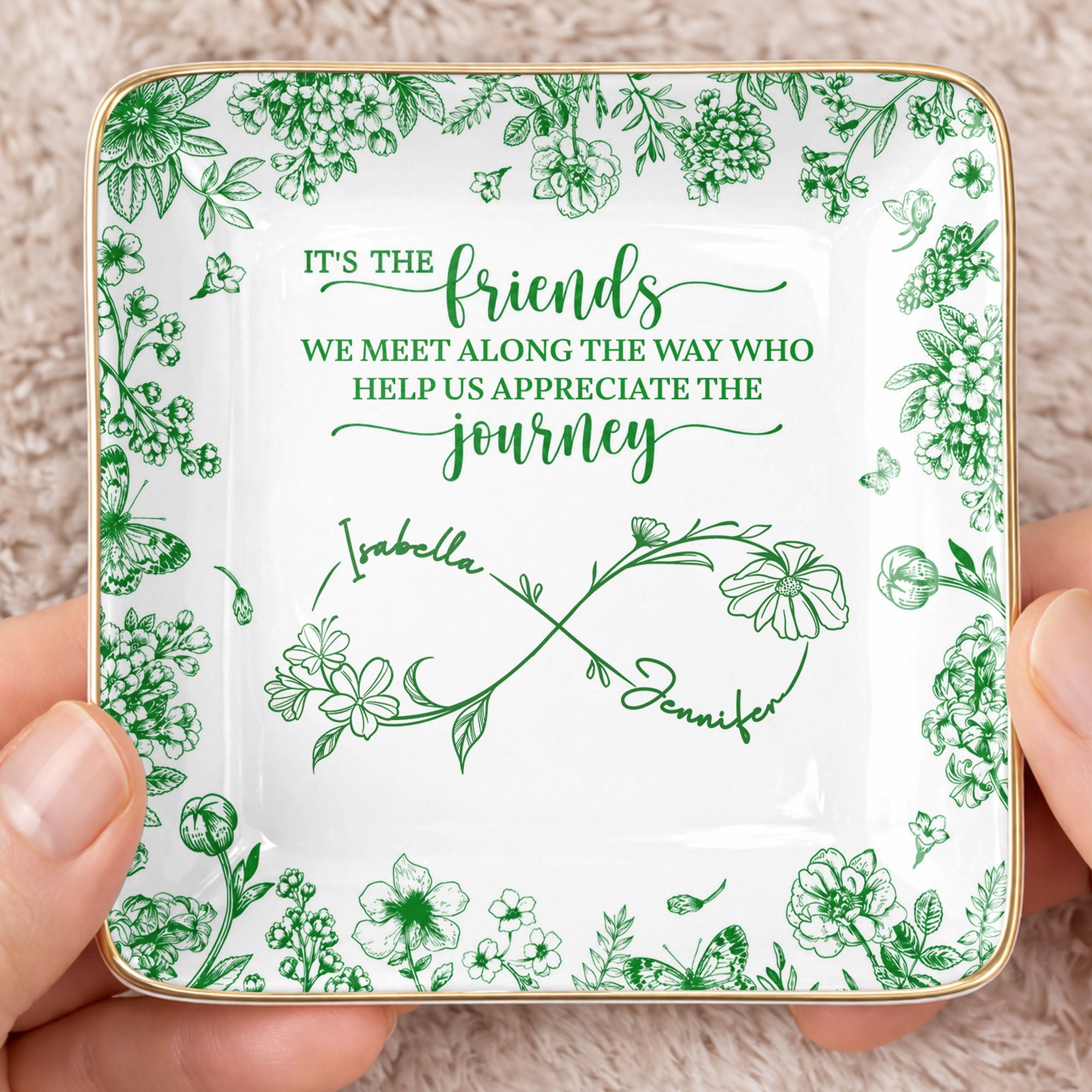 Friends We Meet Along The Way Infinity Symbol And Floral - Personalized Custom Jewelry Dish, Ceramic Dish, Square Shape - BST727_SCRF