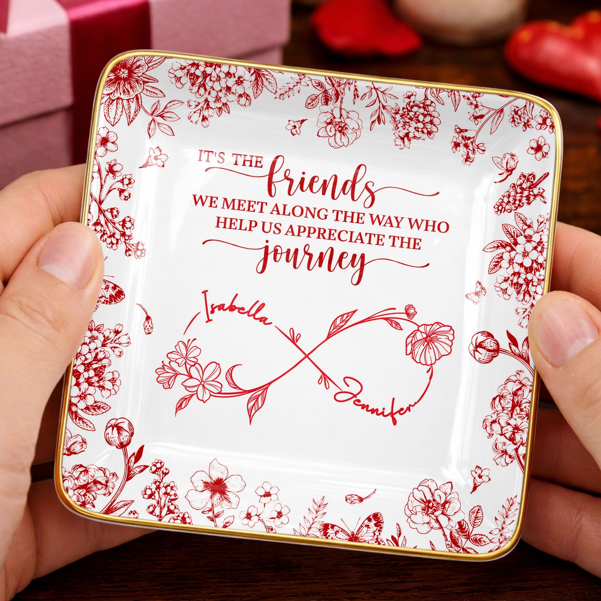 Friends We Meet Along The Way Infinity Symbol And Floral - Personalized Custom Jewelry Dish, Ceramic Dish, Square Shape - BST727_SCRF