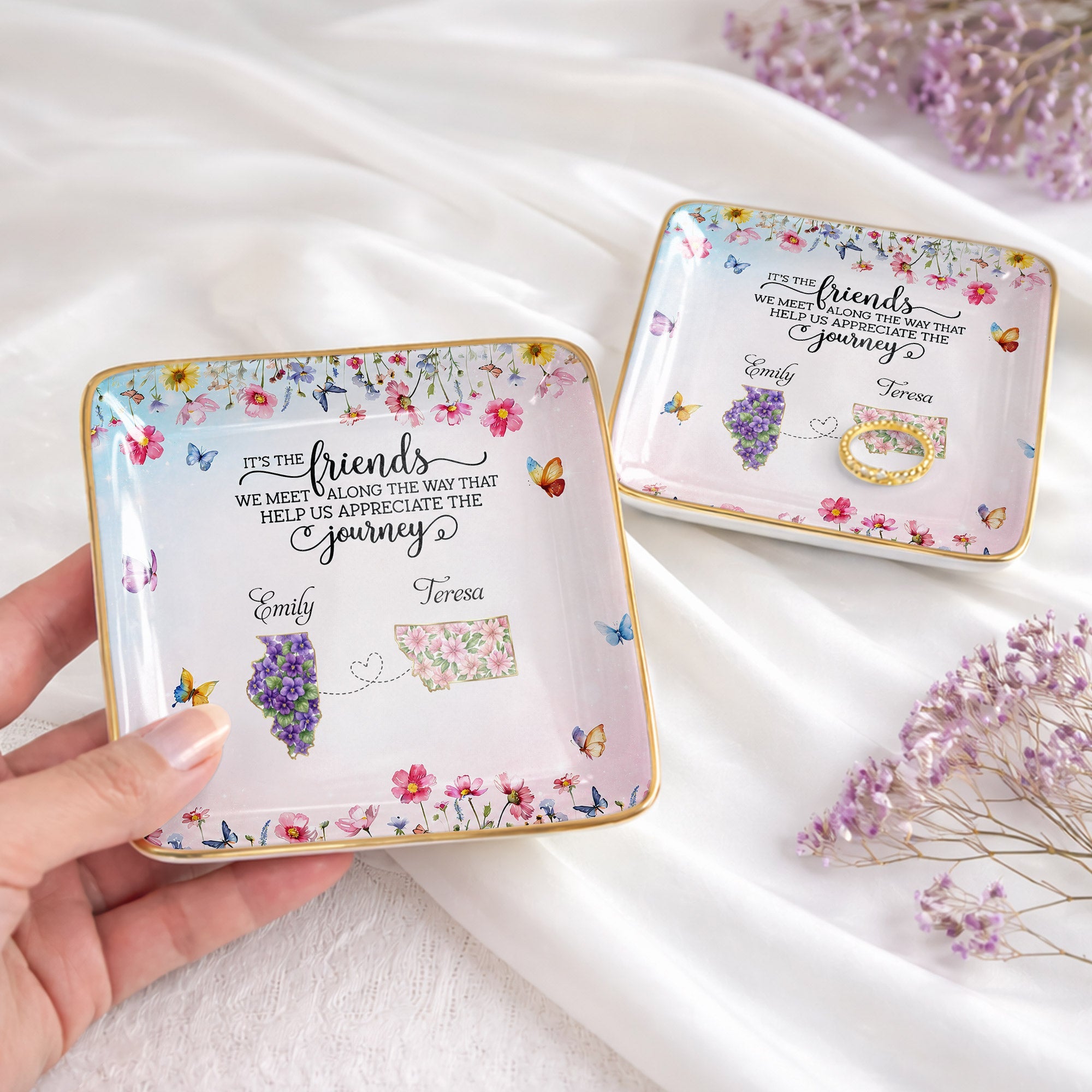 It's The Friends We Meet Along The Way Floral States And Butterflies - Personalized Custom Jewelry Dish, Ceramic Dish, Square Shape - BST730_SCRF