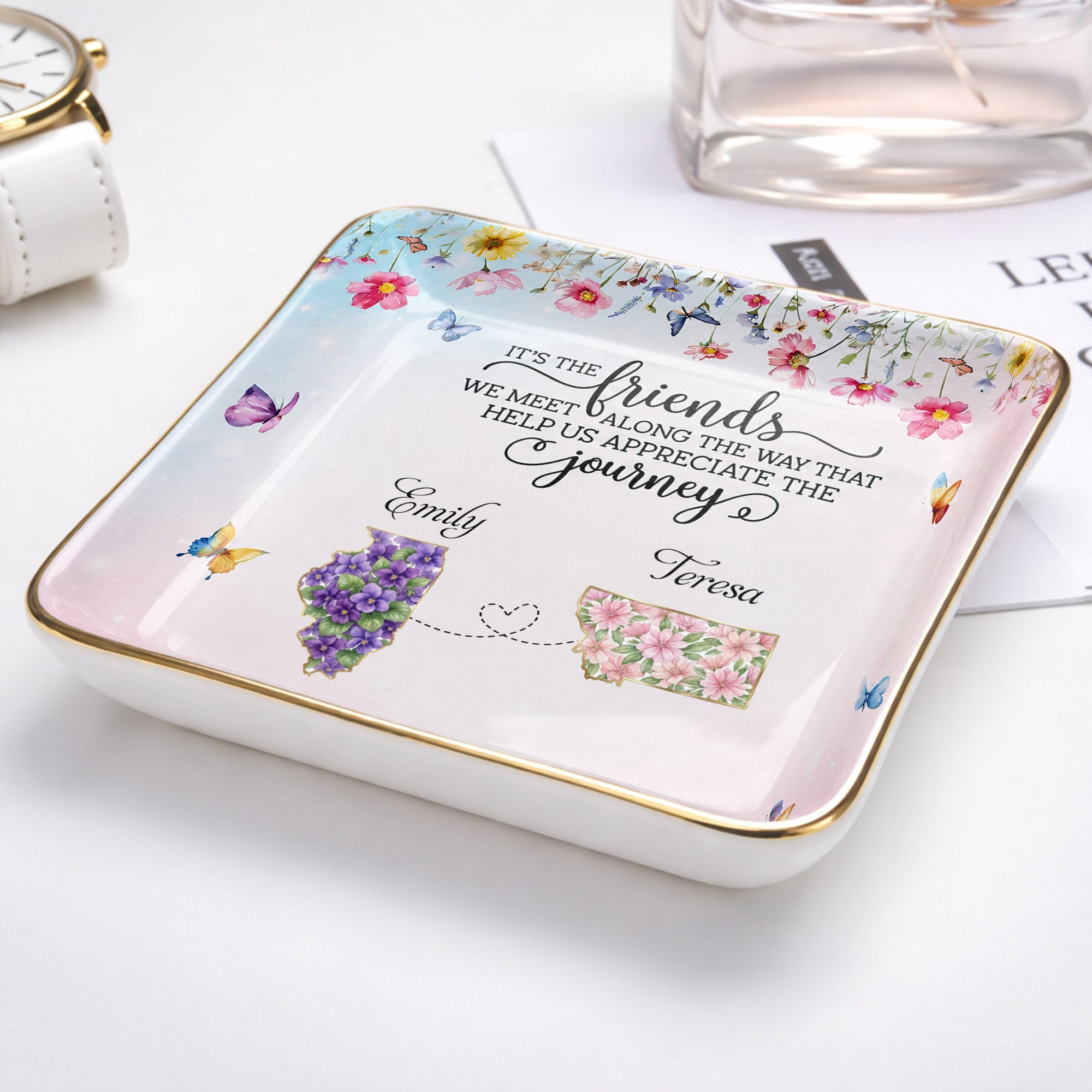 It's The Friends We Meet Along The Way Floral States And Butterflies - Personalized Custom Jewelry Dish, Ceramic Dish, Square Shape - BST730_SCRF