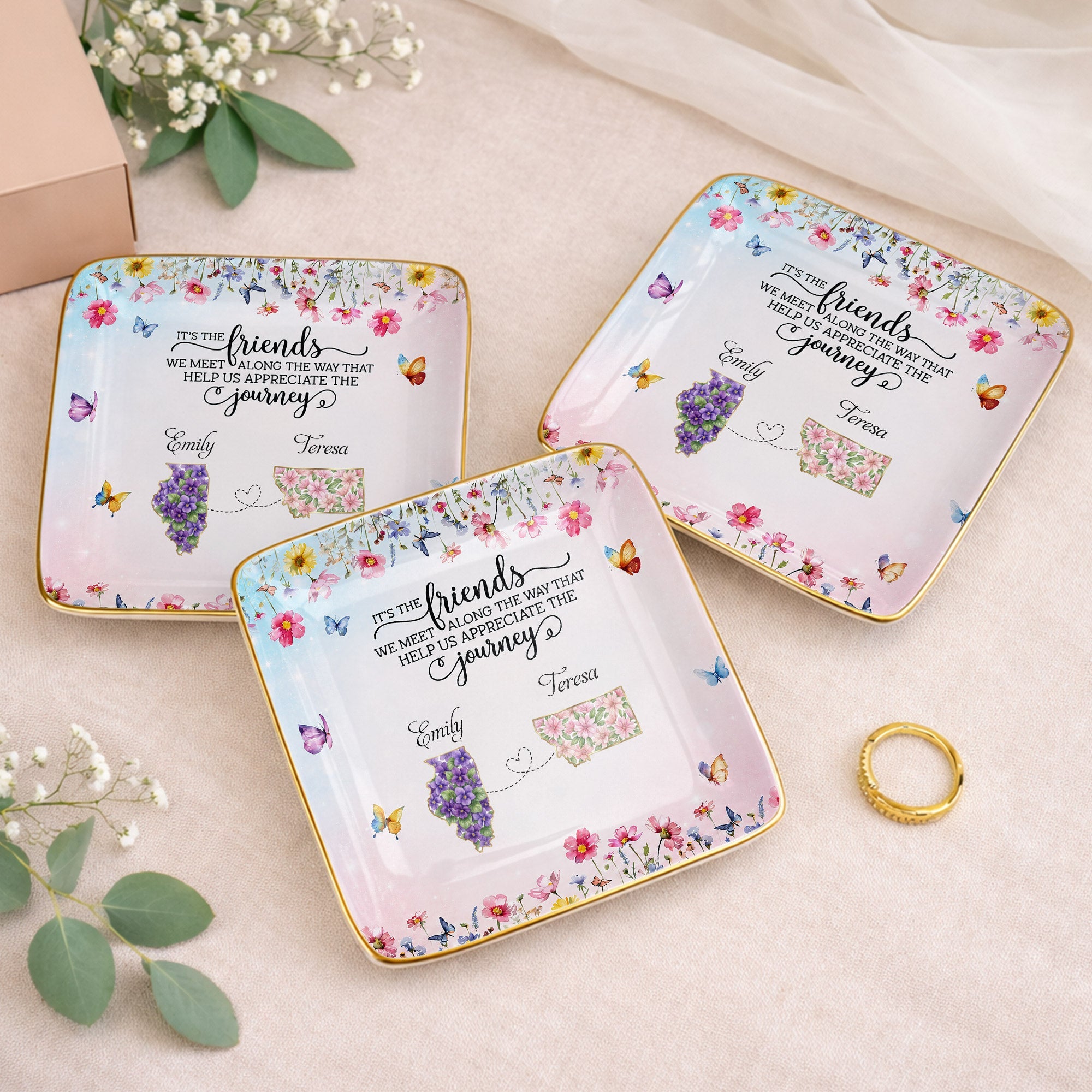 It's The Friends We Meet Along The Way Floral States And Butterflies - Personalized Custom Jewelry Dish, Ceramic Dish, Square Shape - BST730_SCRF