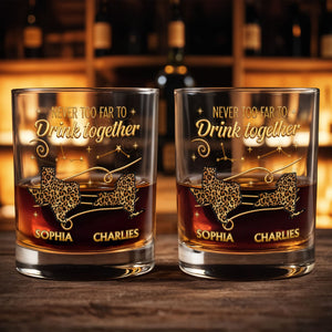 Never Too Far To Drink Together Leopard Pattern States Art - Personalized Custom Whiskey Glass - BST769_RWG