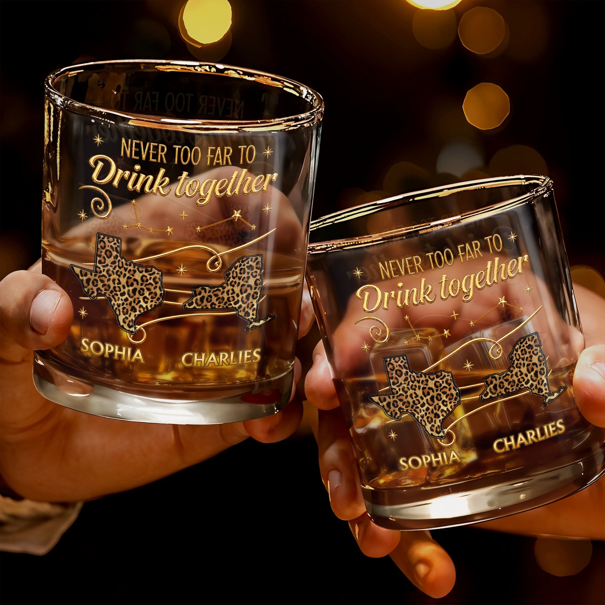 Never Too Far To Drink Together Leopard Pattern States Art - Personalized Custom Whiskey Glass - BST769_RWG