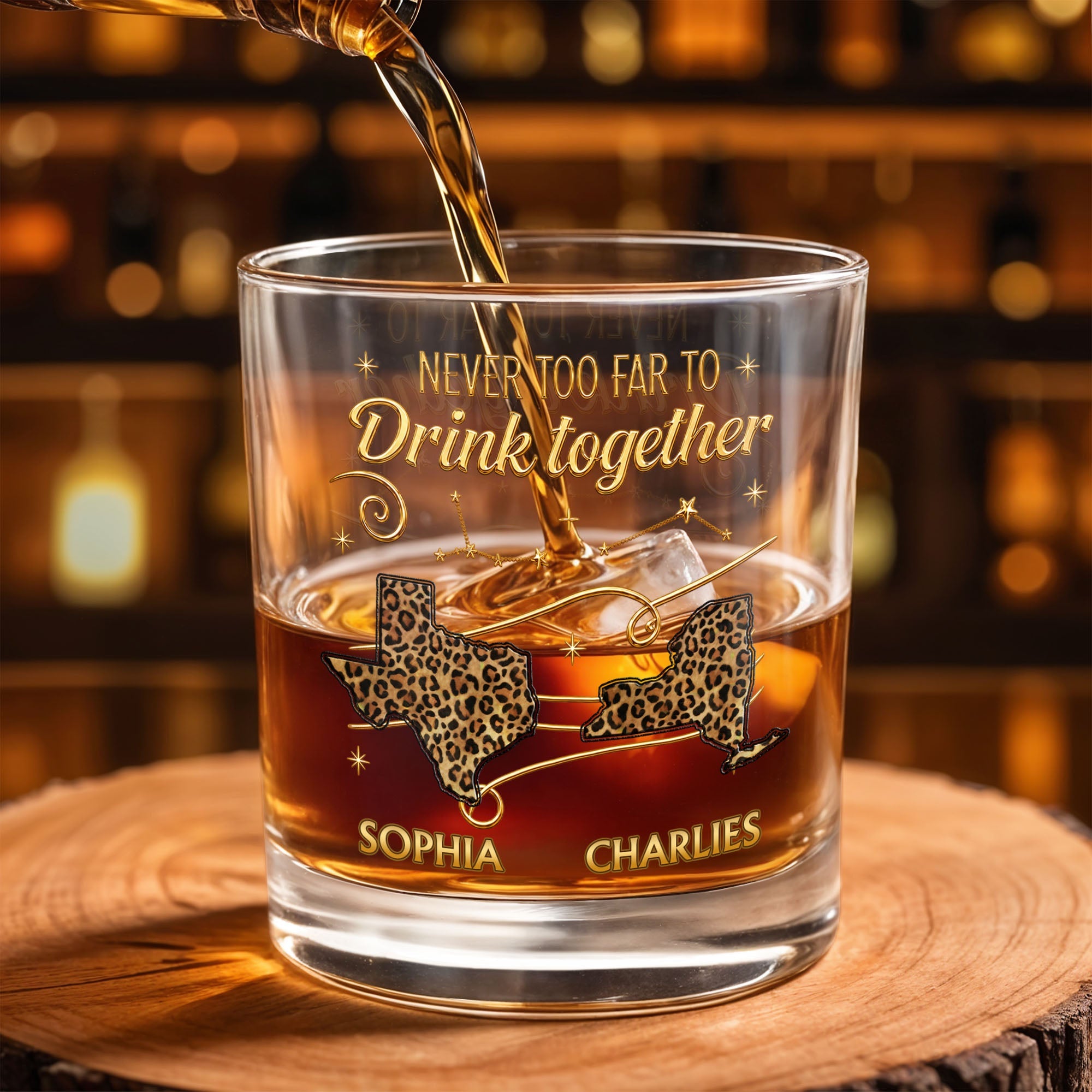 Never Too Far To Drink Together Leopard Pattern States Art - Personalized Custom Whiskey Glass - BST769_RWG