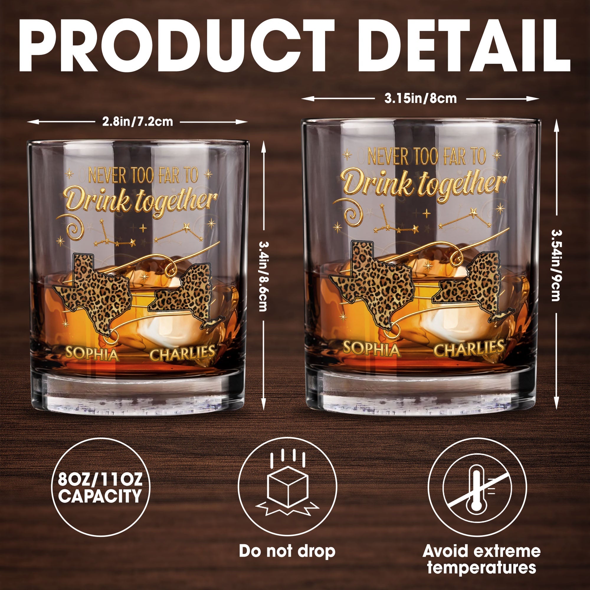 Never Too Far To Drink Together Leopard Pattern States Art - Personalized Custom Whiskey Glass - BST769_RWG