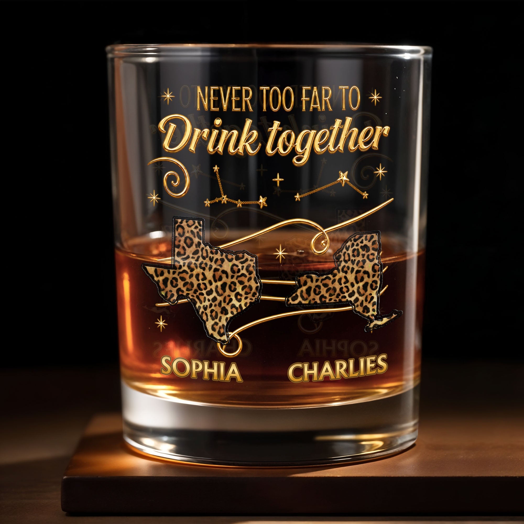 Never Too Far To Drink Together Leopard Pattern States Art - Personalized Custom Whiskey Glass - BST769_RWG