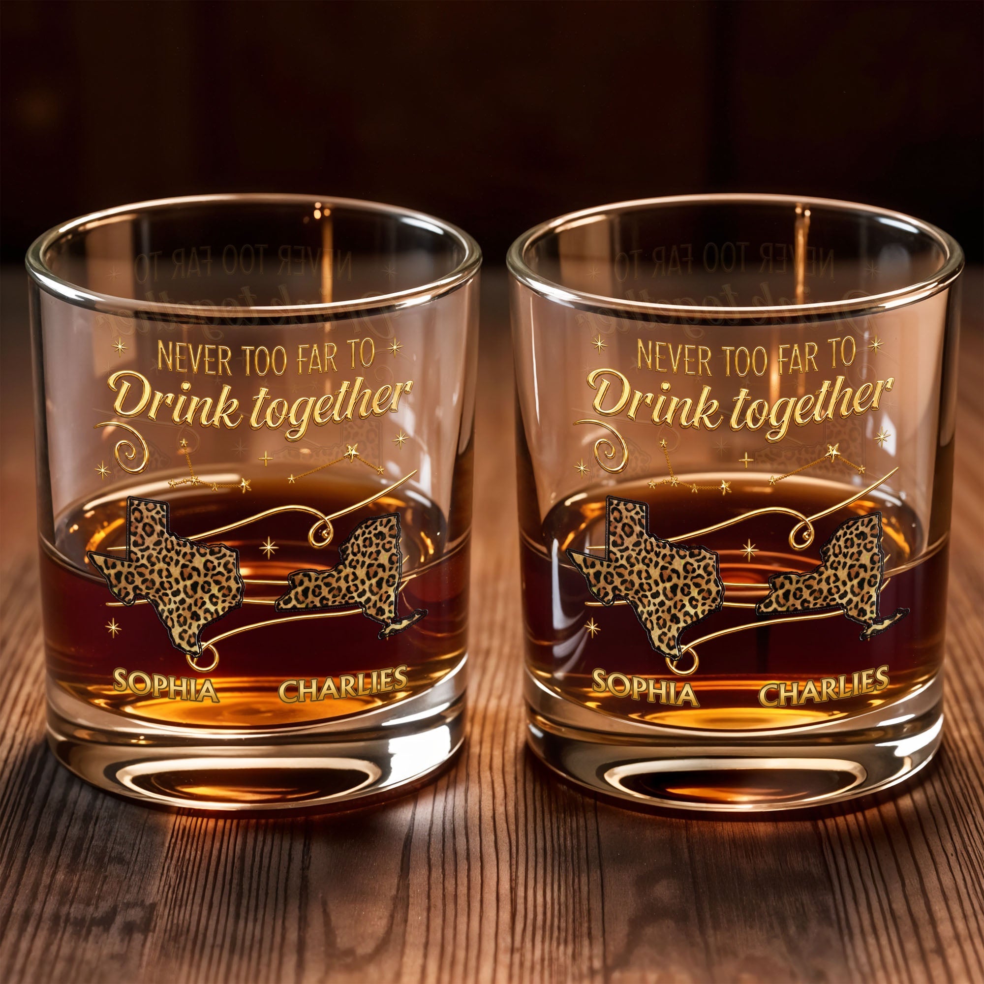 Never Too Far To Drink Together Leopard Pattern States Art - Personalized Custom Whiskey Glass - BST769_RWG
