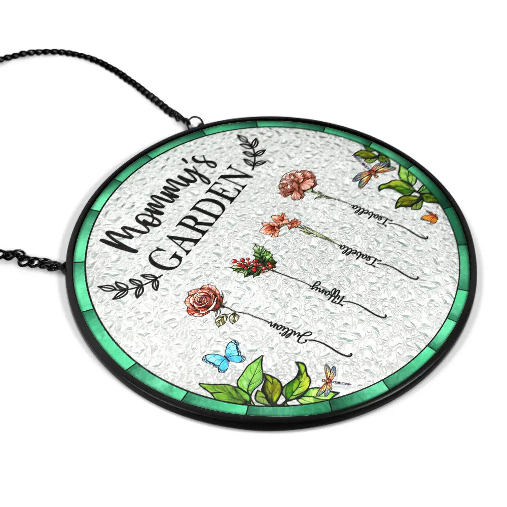 Stained glass suncatcher hanging in a window