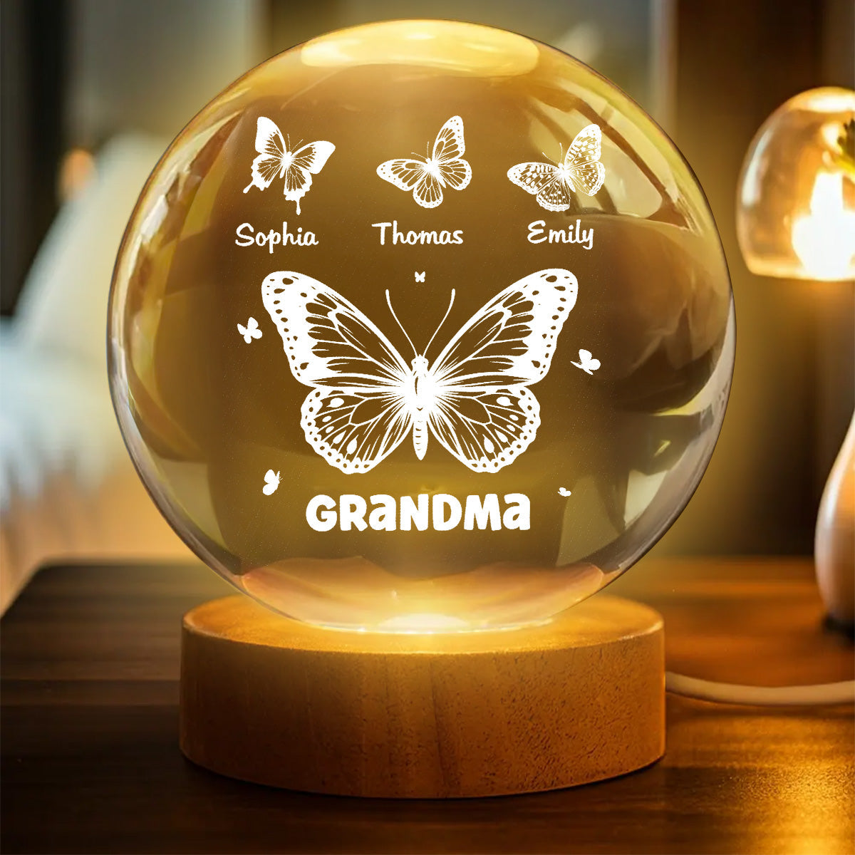 Grandma Mom Butterflies Custom Kids Names - Personalized Crystal Ball LED Night Light