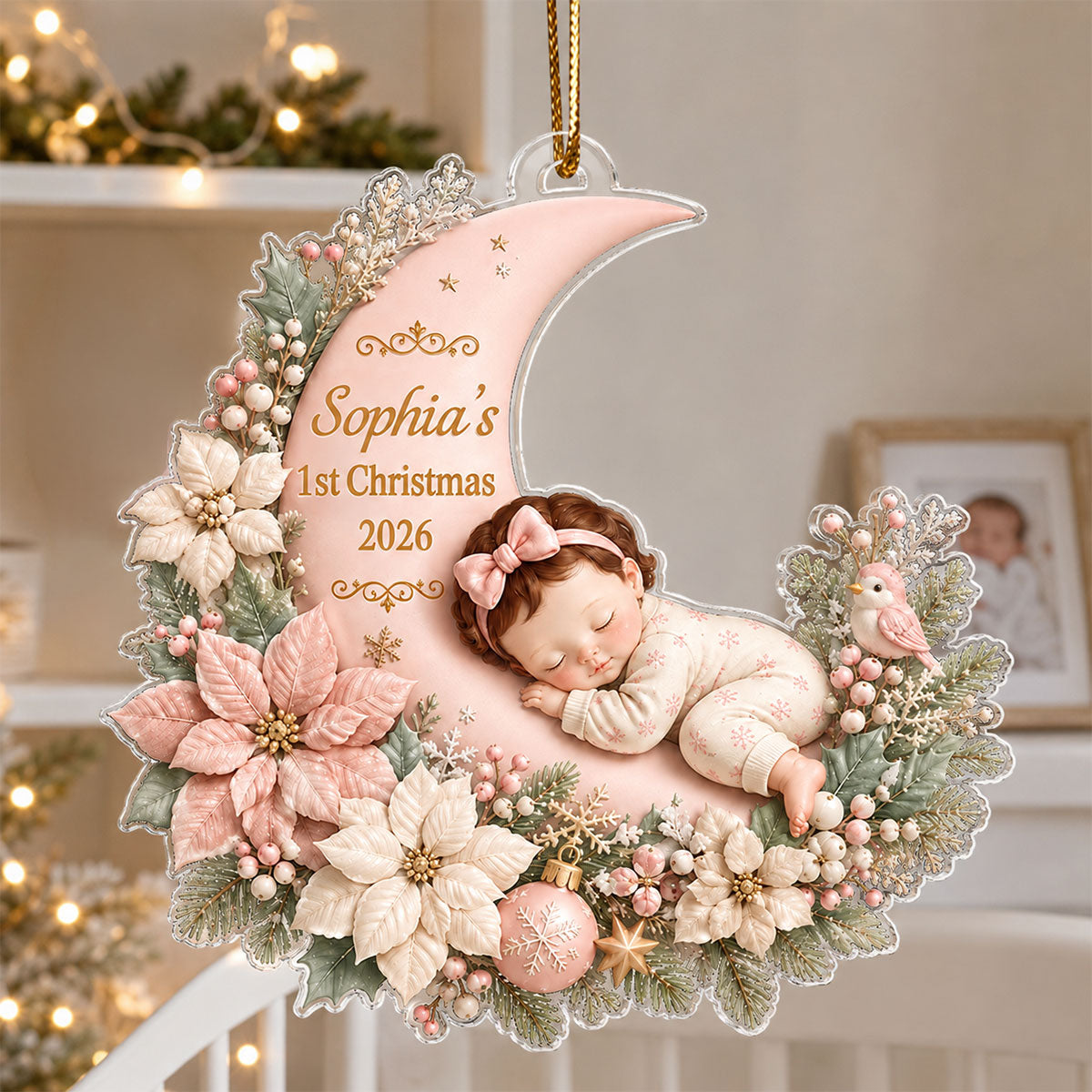 First Christmas Baby Boy Girl On Floral Moon - Personalized Acrylic Ornament
