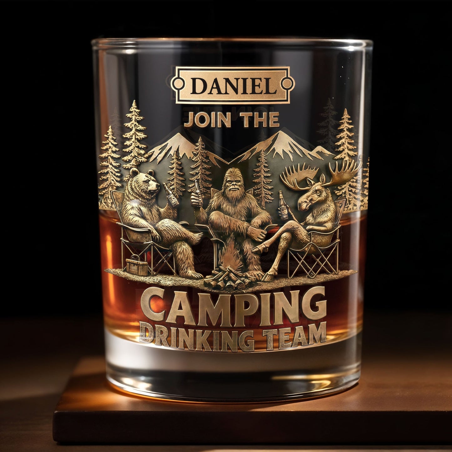 Join The Camping Drinking Team, Bigfoot and Bear Design - Personalized Custom Whiskey Glass - CAMP010_RWG