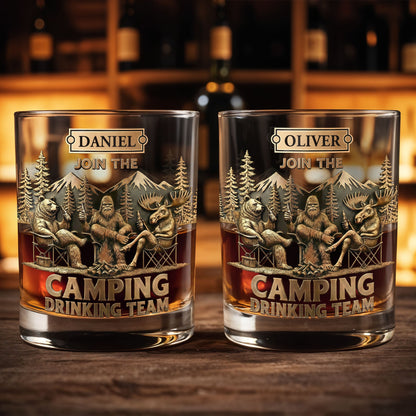 Join The Camping Drinking Team, Bigfoot and Bear Design - Personalized Custom Whiskey Glass - CAMP010_RWG