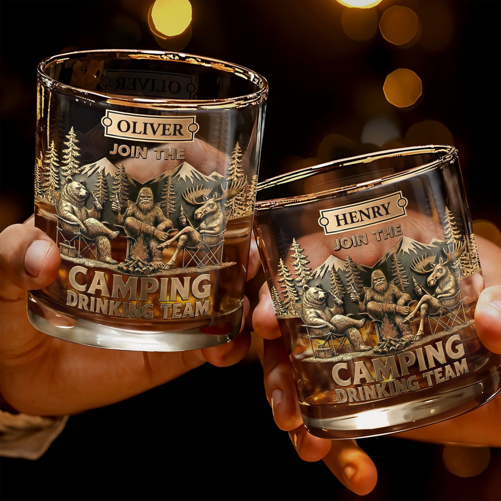 Join The Camping Drinking Team, Bigfoot and Bear Design - Personalized Custom Whiskey Glass - CAMP010_RWG