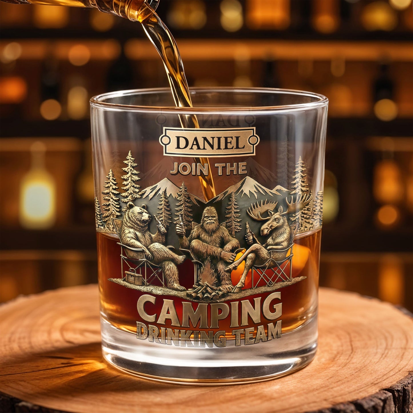 Join The Camping Drinking Team, Bigfoot and Bear Design - Personalized Custom Whiskey Glass - CAMP010_RWG