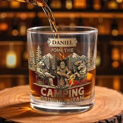 Join The Camping Drinking Team, Bigfoot and Bear Design - Personalized Custom Whiskey Glass - CAMP010_RWG