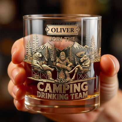 Join The Camping Drinking Team, Bigfoot and Bear Design - Personalized Custom Whiskey Glass - CAMP010_RWG