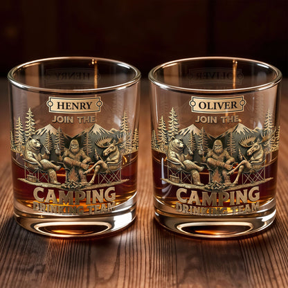 Join The Camping Drinking Team, Bigfoot and Bear Design - Personalized Custom Whiskey Glass - CAMP010_RWG