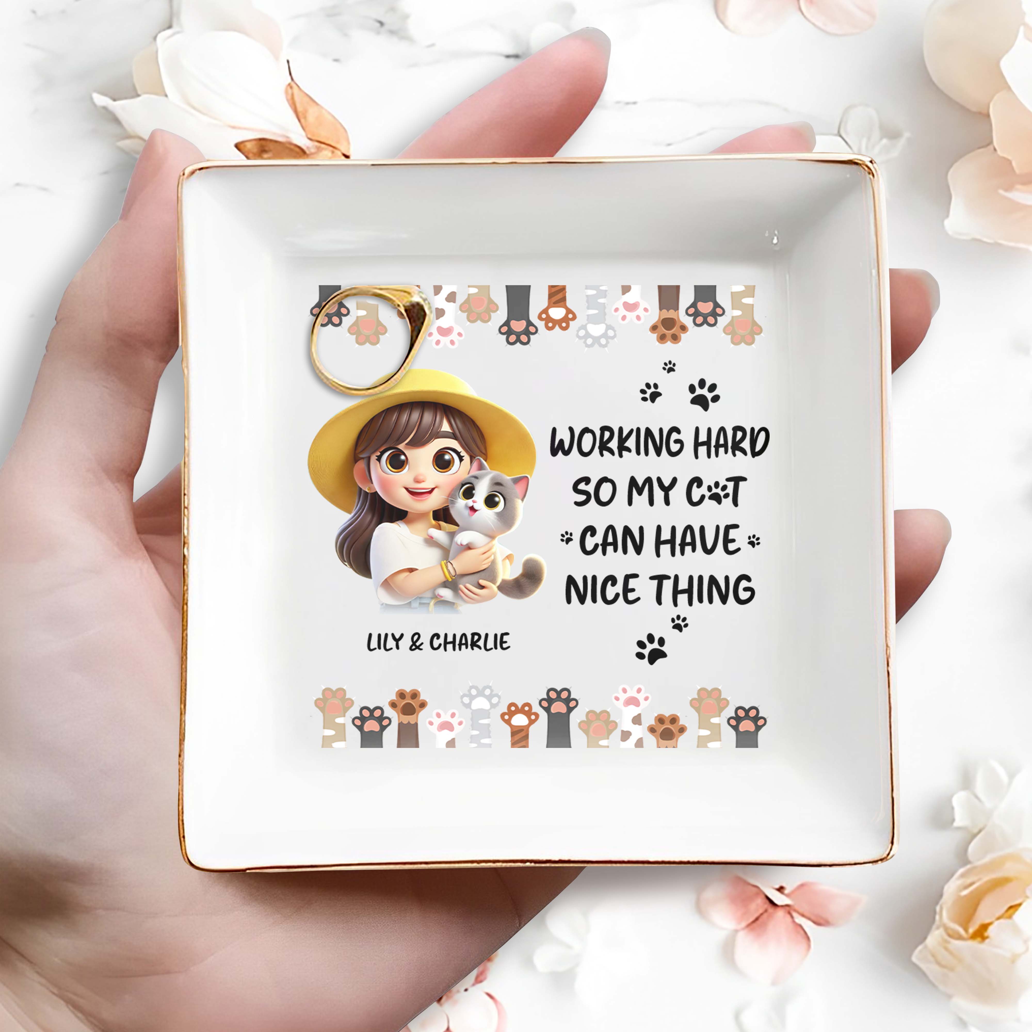 Working Hard So My Cat Can Have Nice Things - Personalized Custom Jewelry Dish - CAT001_SCRD