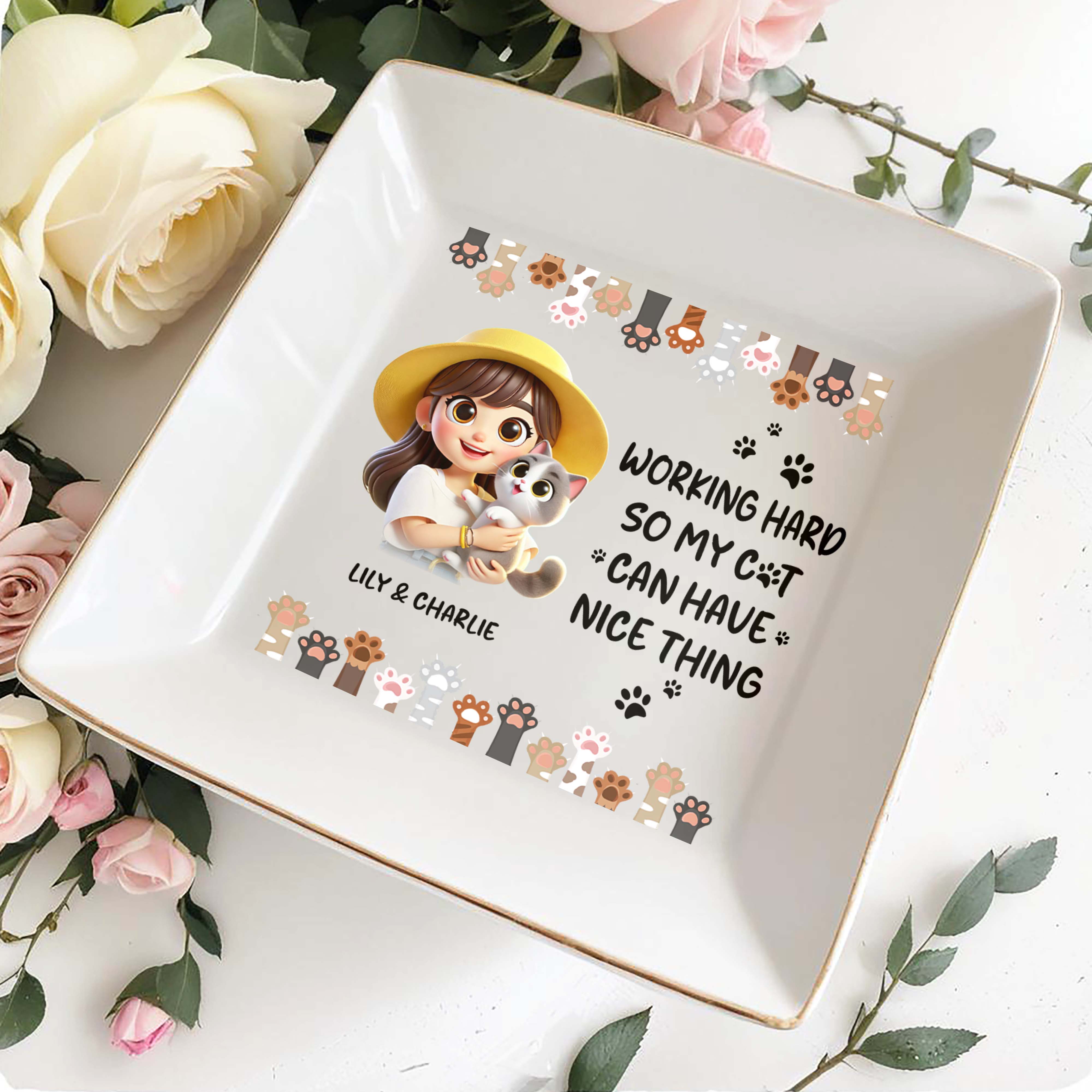 Working Hard So My Cat Can Have Nice Things - Personalized Custom Jewelry Dish - CAT001_SCRD