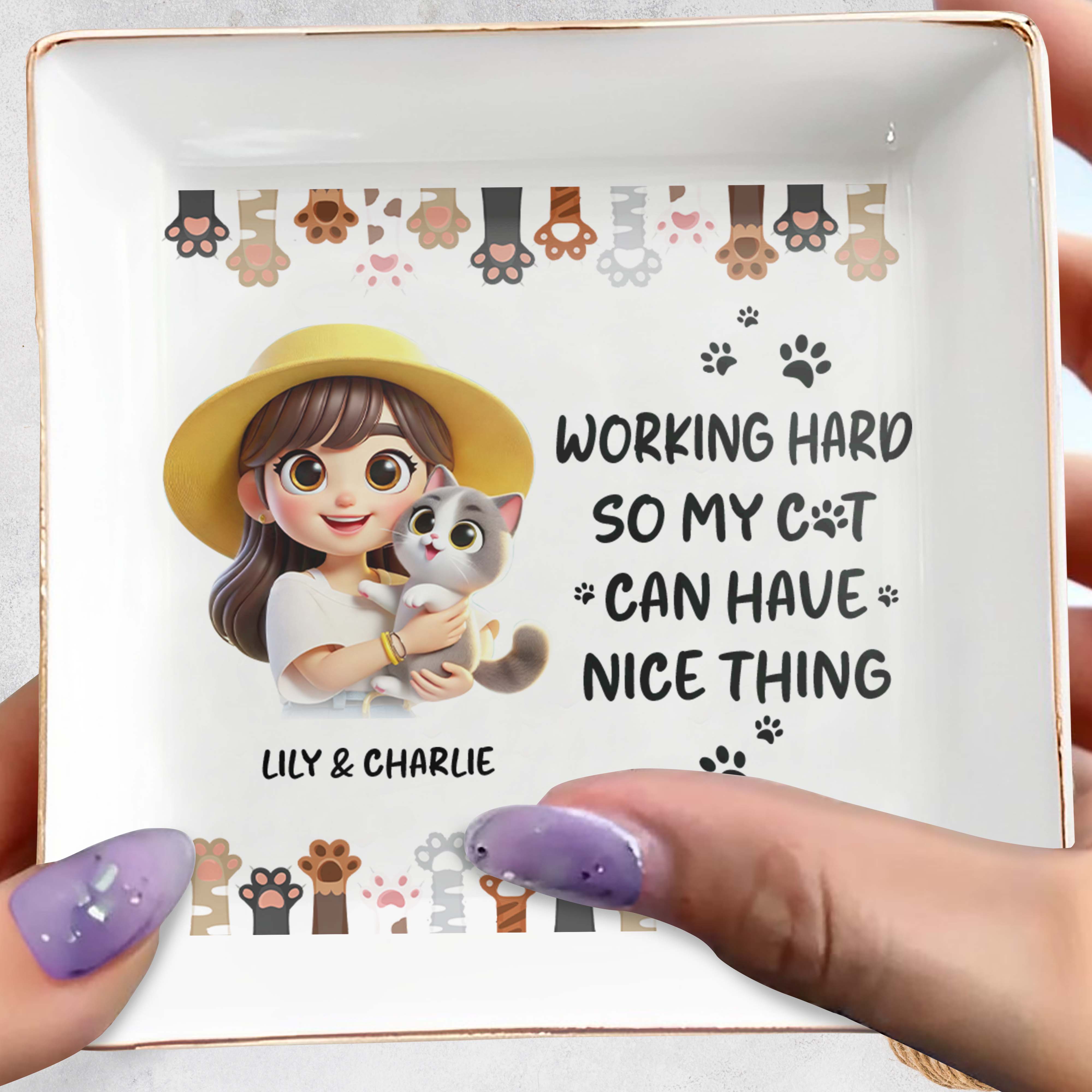 Working Hard So My Cat Can Have Nice Things - Personalized Custom Jewelry Dish - CAT001_SCRD