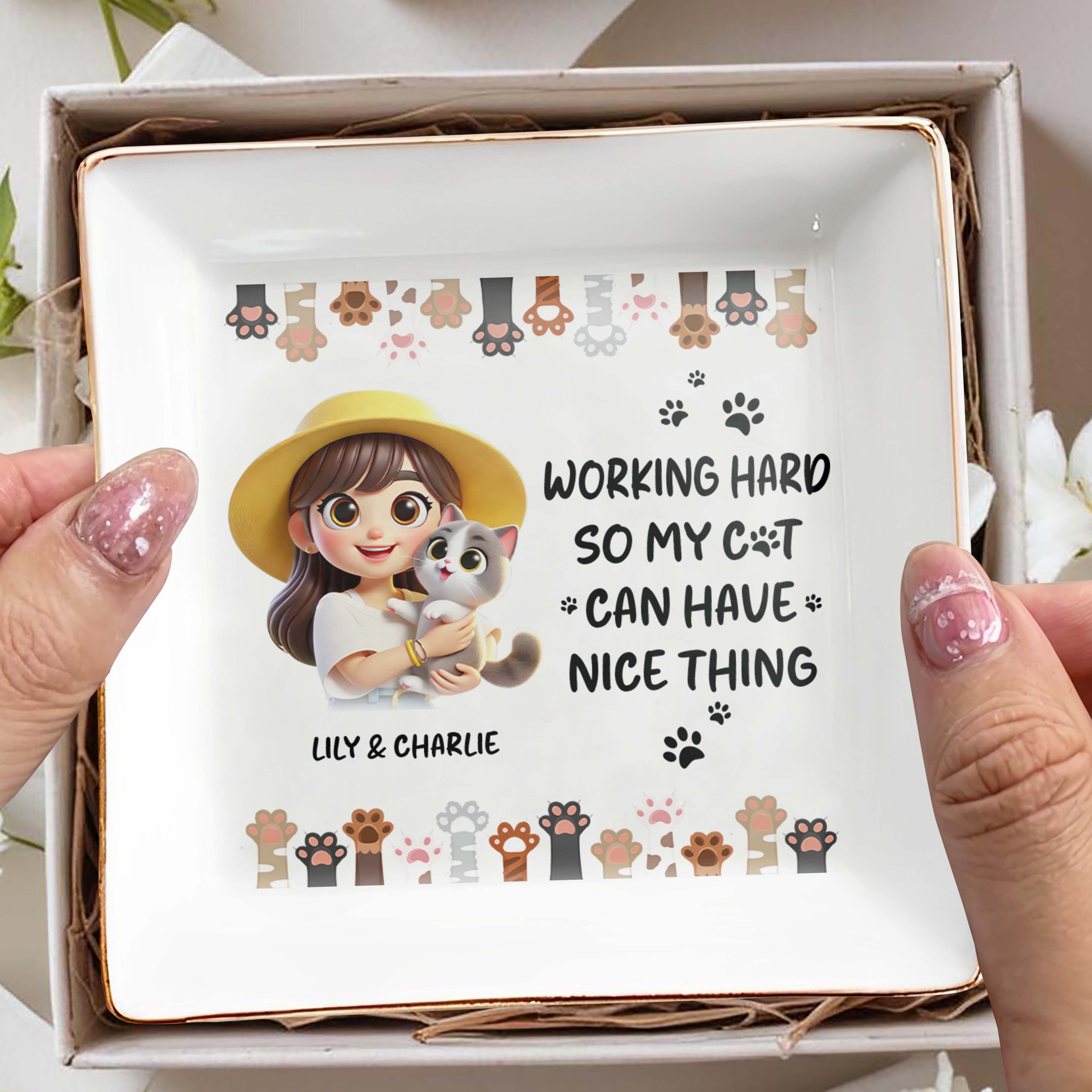 Working Hard So My Cat Can Have Nice Things - Personalized Custom Jewelry Dish - CAT001_SCRD