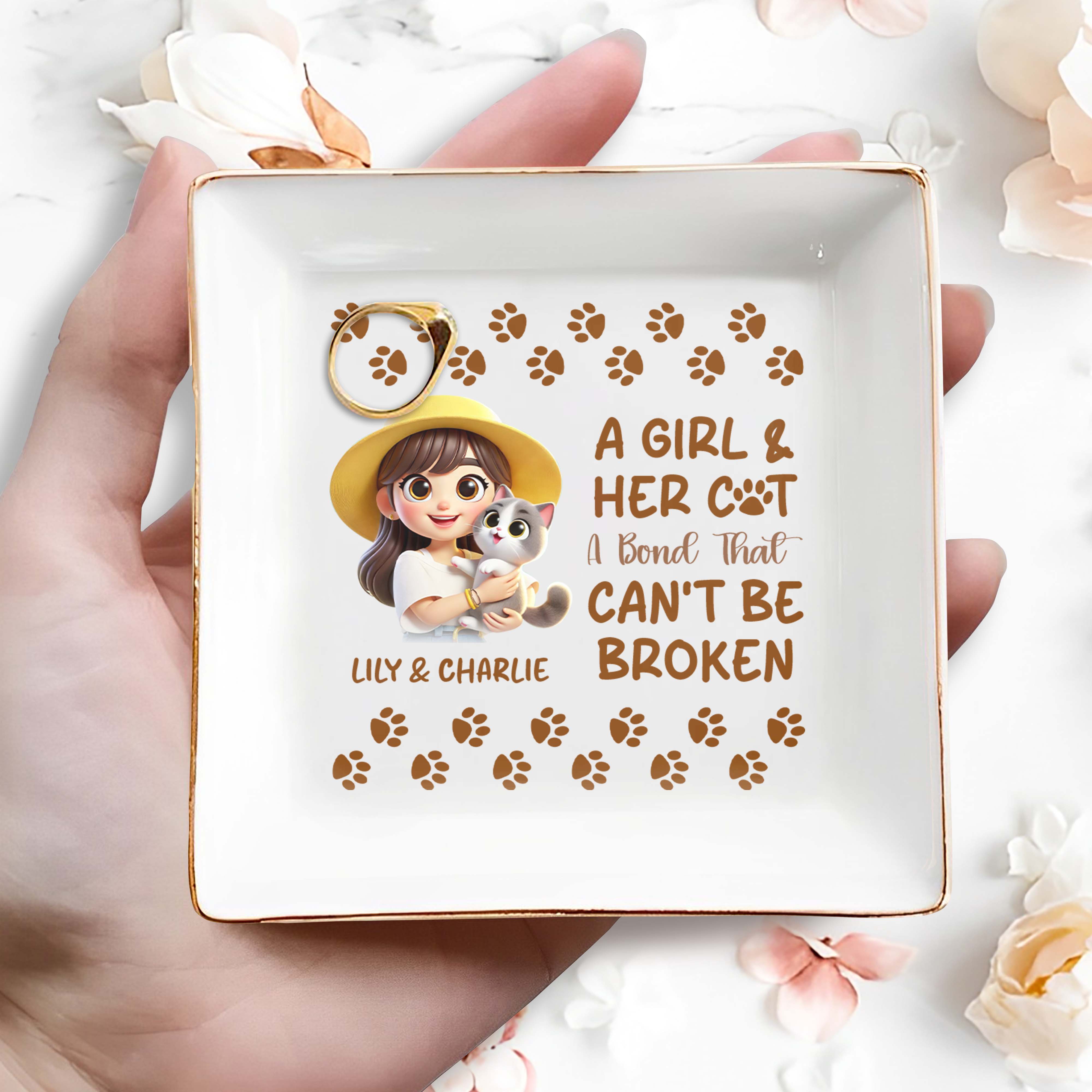 A Girl And Her Cat A Bond That Can't Be Broken - Personalized Custom Jewelry Dish - CAT002_SCRD