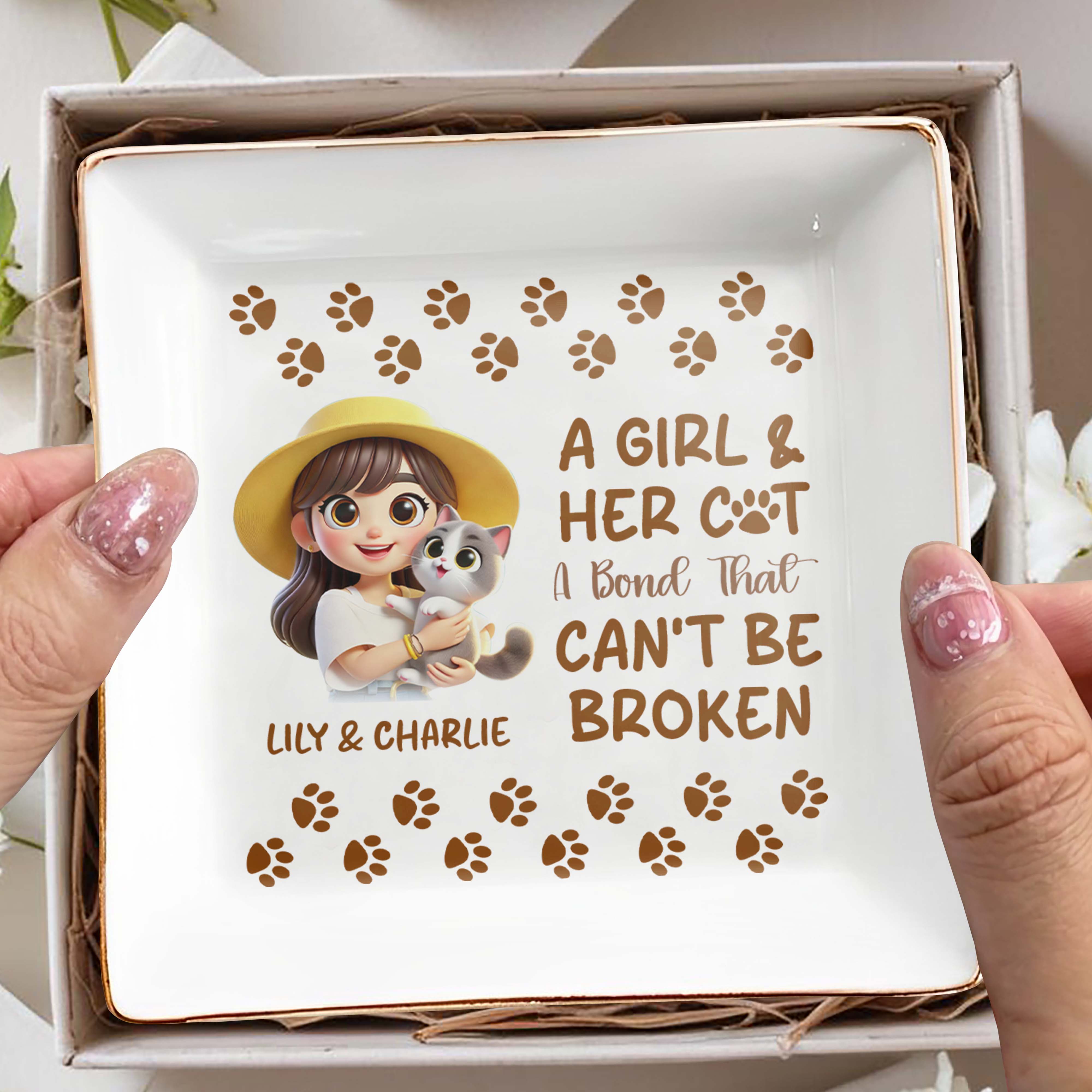 A Girl And Her Cat A Bond That Can't Be Broken - Personalized Custom Jewelry Dish - CAT002_SCRD
