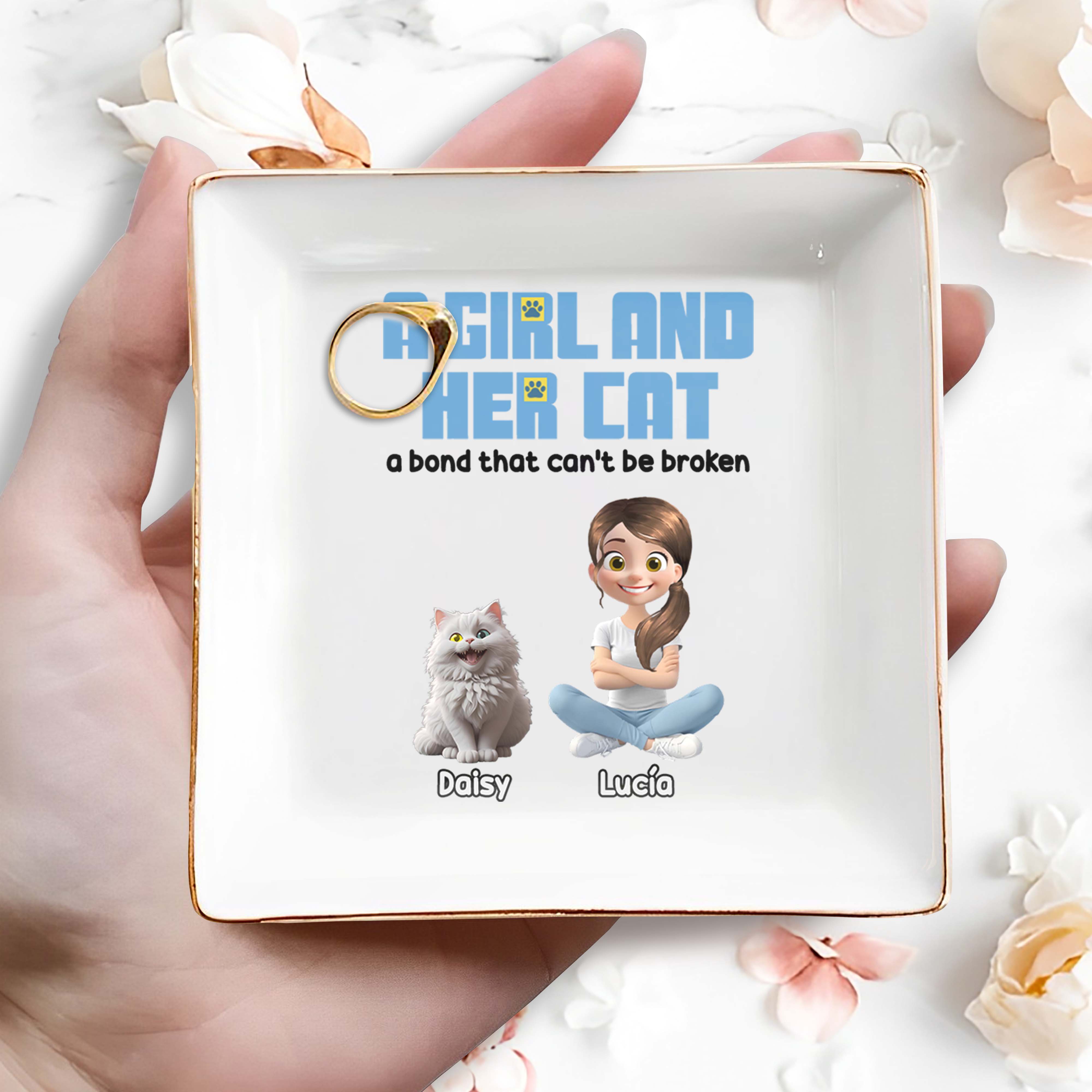 A Girl And Her Cat, A Bond That Can't Be Broken - Personalized Custom Jewelry Dish, Square Ceramic Dish - CAT016_SCRD