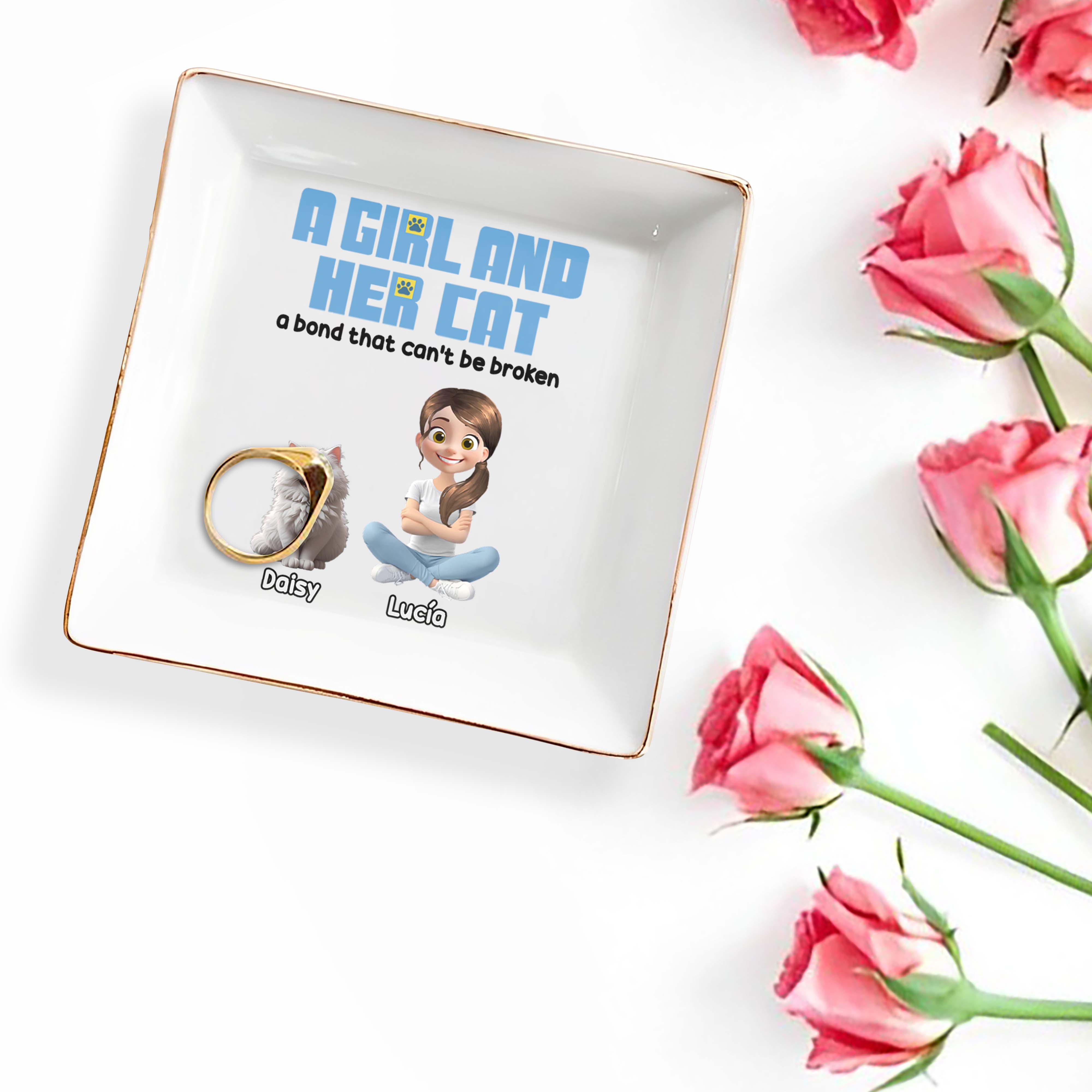 A Girl And Her Cat, A Bond That Can't Be Broken - Personalized Custom Jewelry Dish, Square Ceramic Dish - CAT016_SCRD