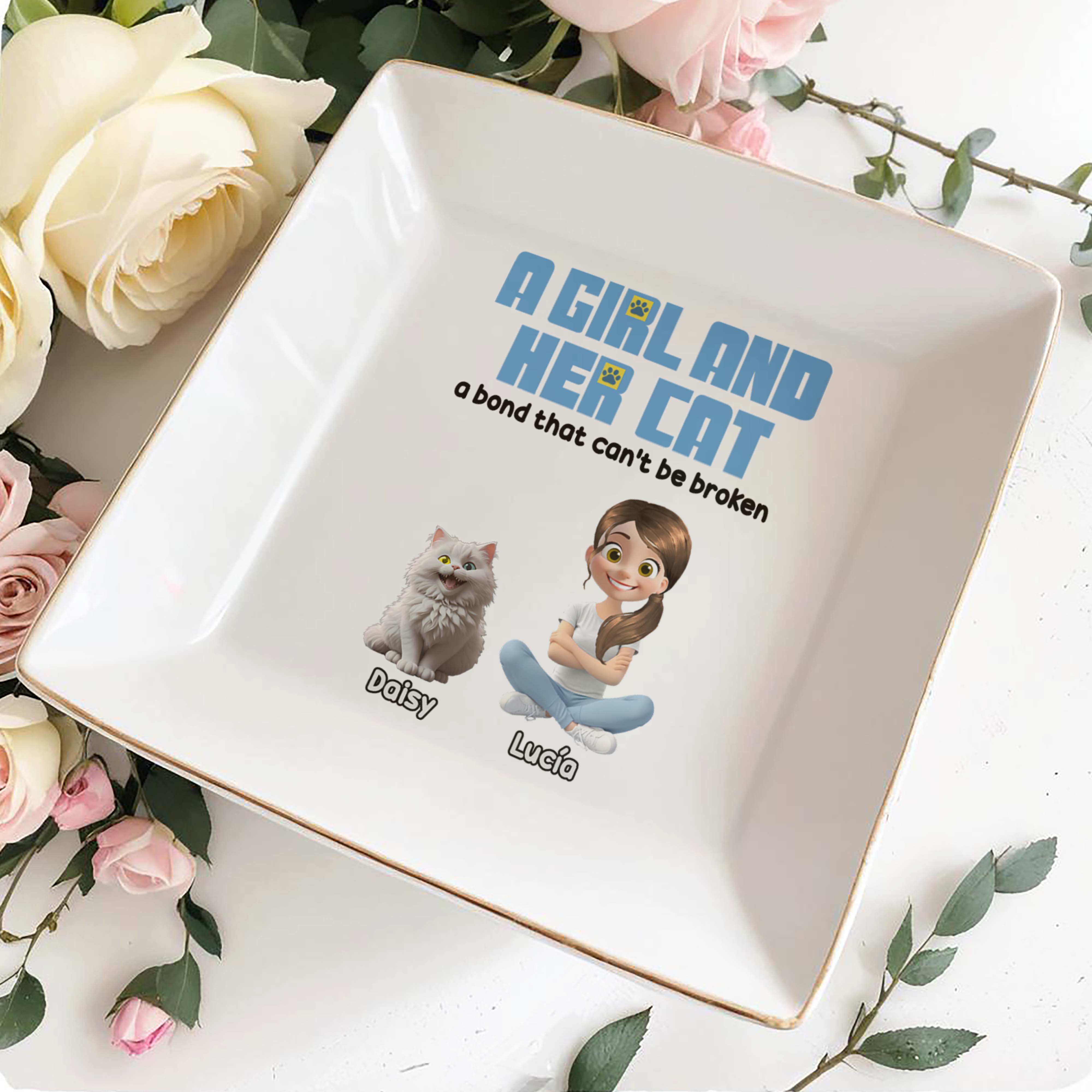 A Girl And Her Cat, A Bond That Can't Be Broken - Personalized Custom Jewelry Dish, Square Ceramic Dish - CAT016_SCRD
