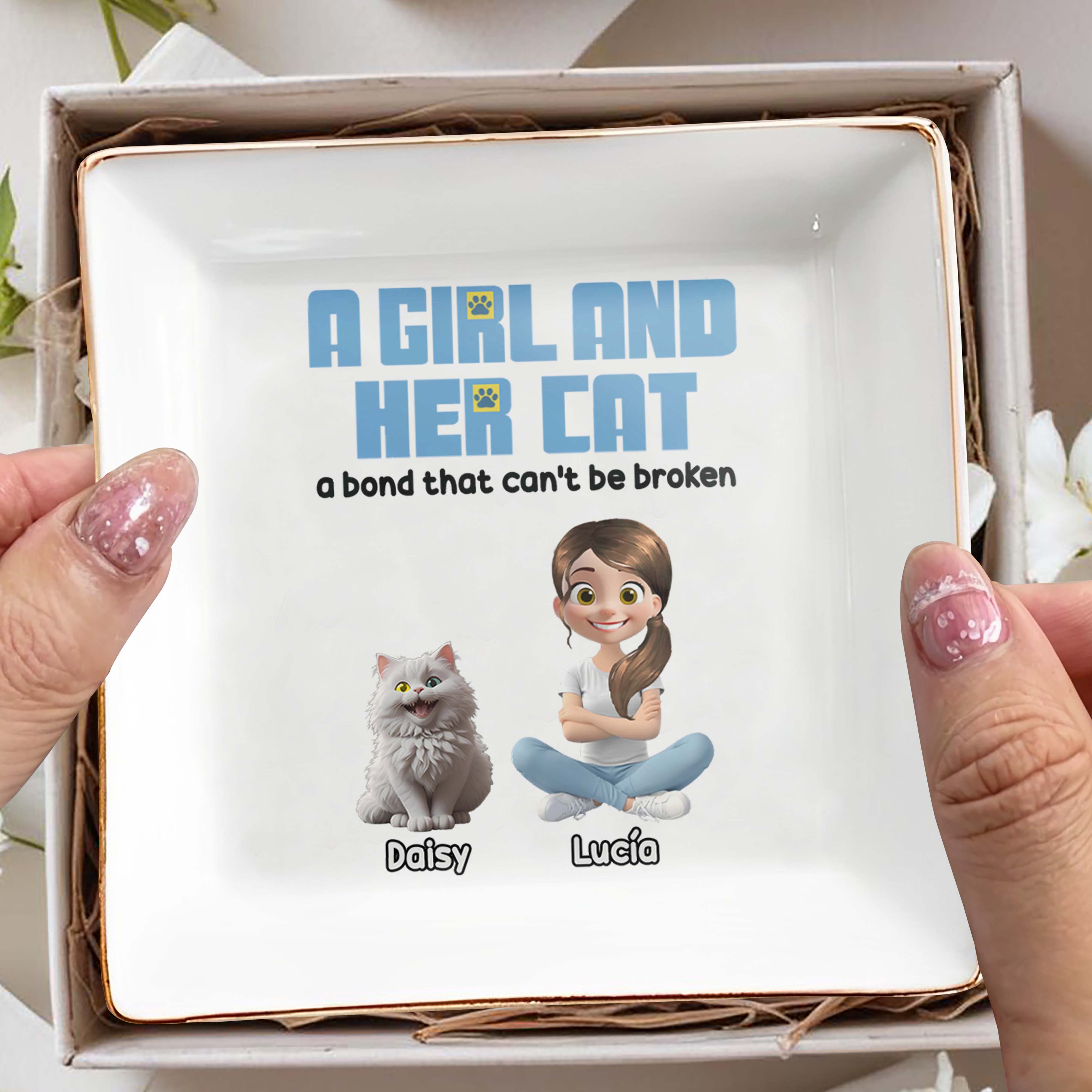 A Girl And Her Cat, A Bond That Can't Be Broken - Personalized Custom Jewelry Dish, Square Ceramic Dish - CAT016_SCRD