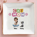 Cat Mom With Girl And Paw Prints - Personalized Custom Jewelry Dish, Square Ceramic Dish - CAT018_SCRD
