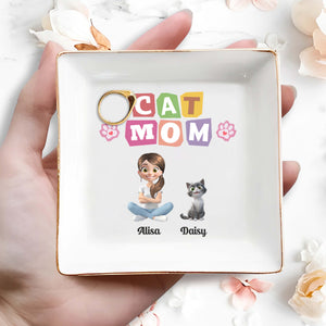 Cat Mom With Girl And Paw Prints - Personalized Custom Jewelry Dish, Square Ceramic Dish - CAT018_SCRD