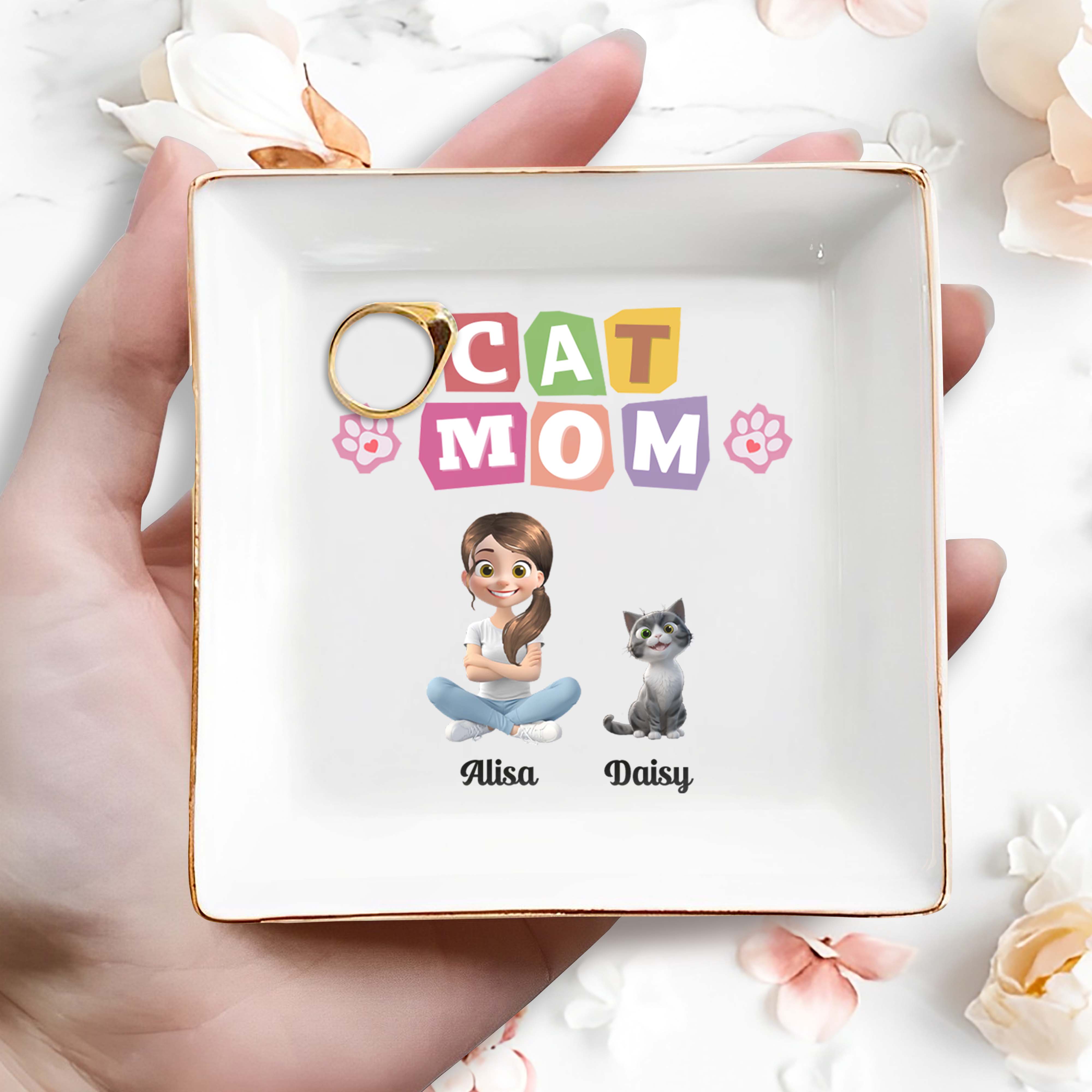 Cat Mom With Girl And Paw Prints - Personalized Custom Jewelry Dish, Square Ceramic Dish - CAT018_SCRD