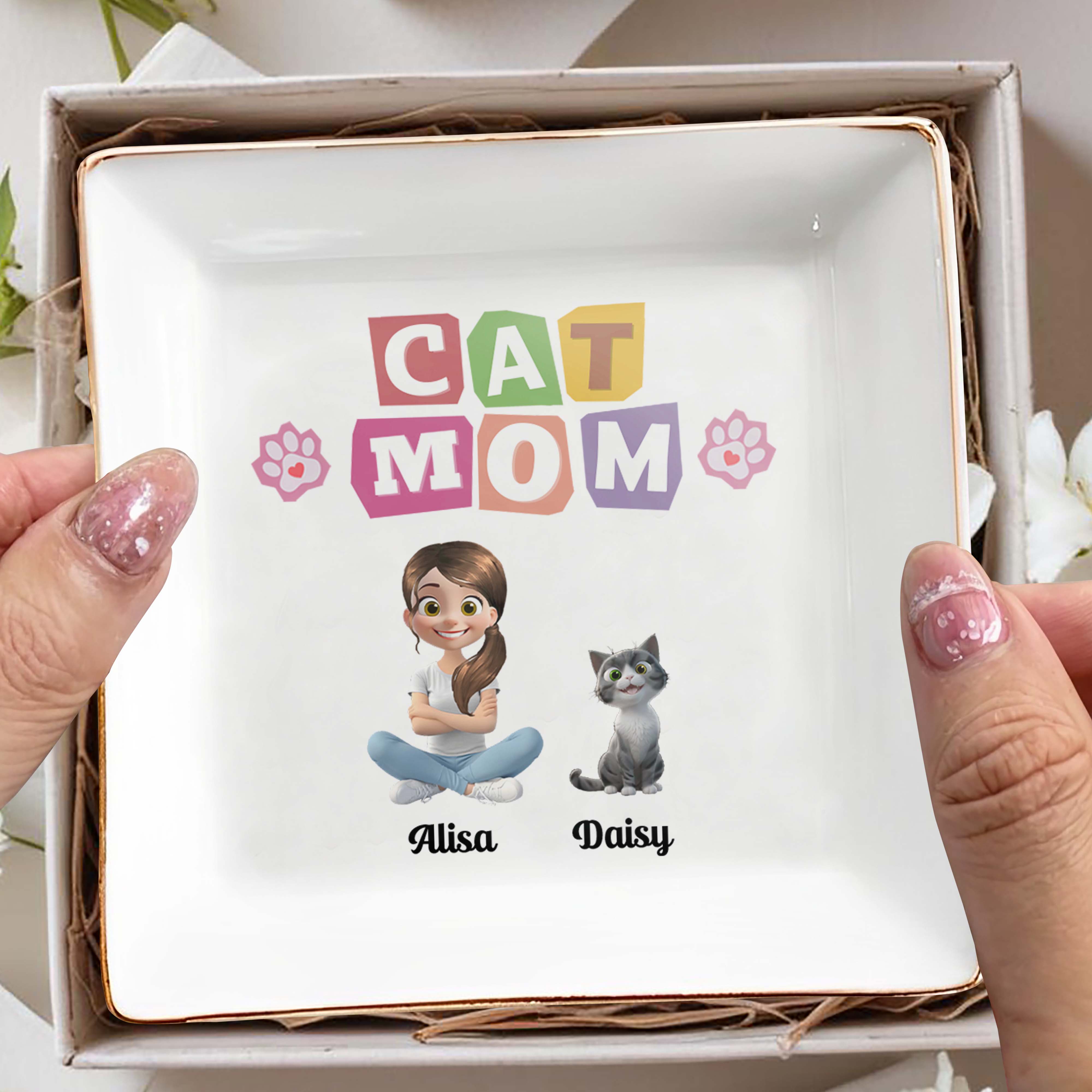 Cat Mom With Girl And Paw Prints - Personalized Custom Jewelry Dish, Square Ceramic Dish - CAT018_SCRD