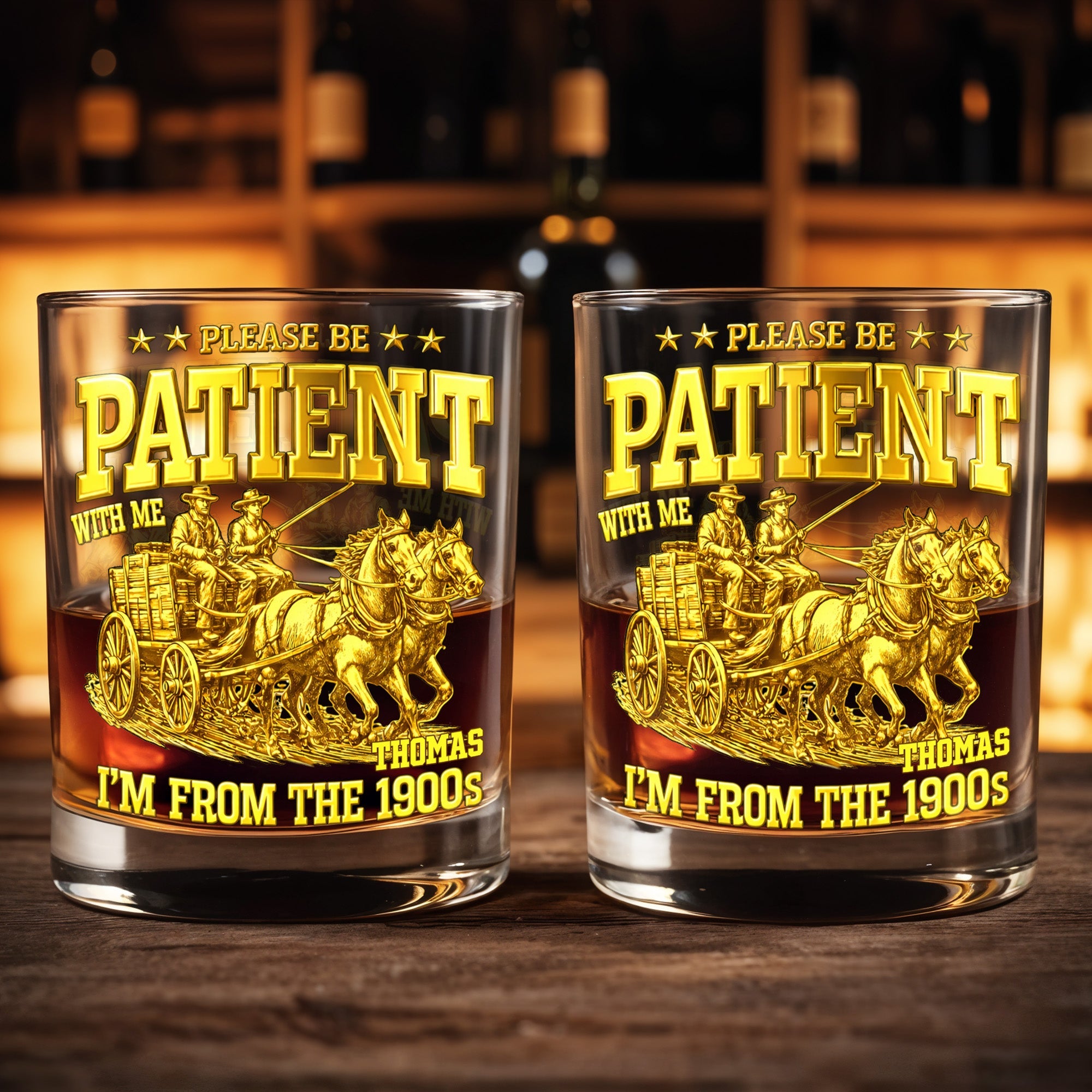 Please Be Patient With Me, Horse Carriage Design - Personalized Custom Whiskey Glass - COL064_RWG
