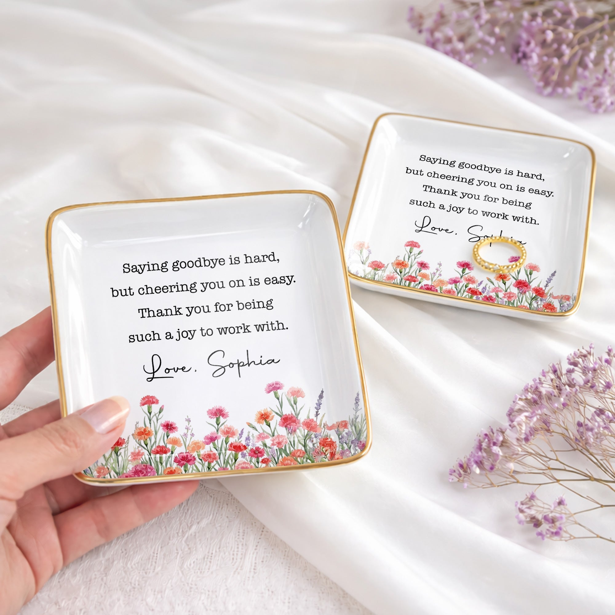 Saying Goodbye Is Hard Cheering You On Is Easy Floral Birth Month Flowers - Personalized Custom Jewelry Dish, Ceramic Dish, Square Shape - COL137_SCRF
