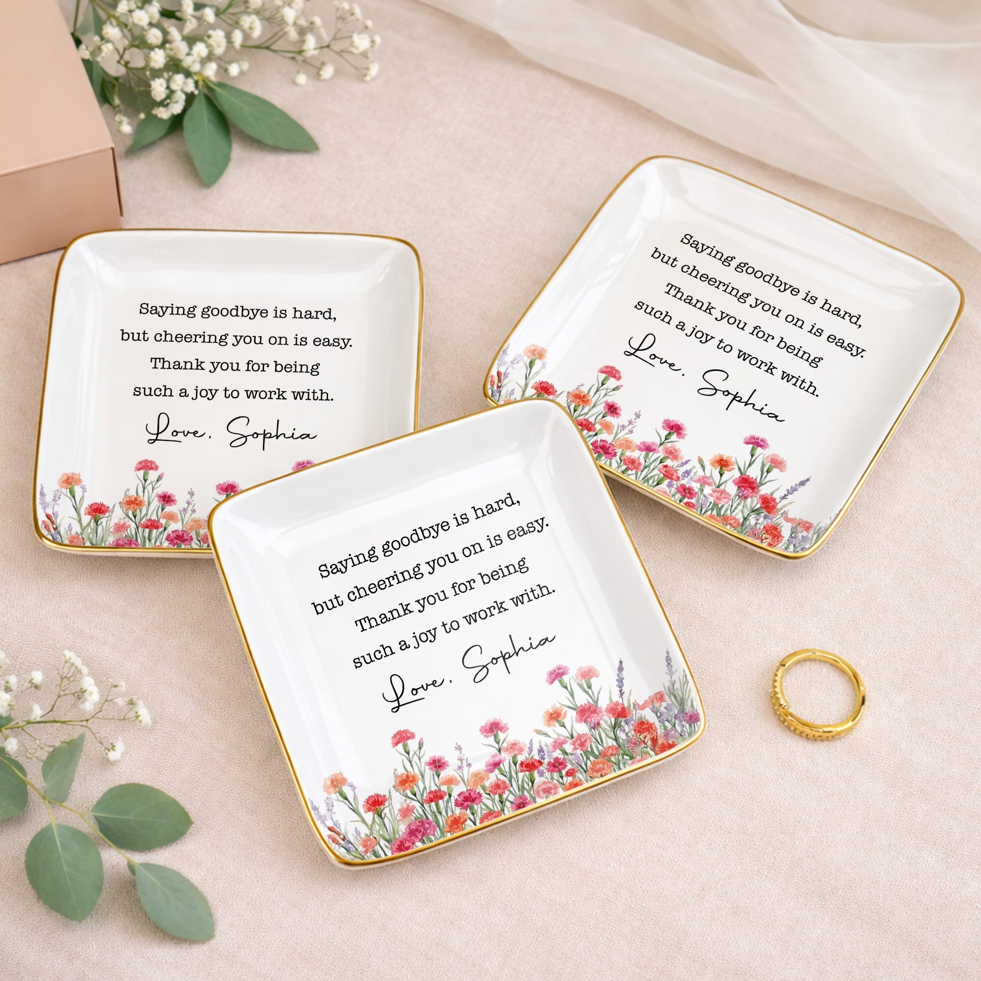 Saying Goodbye Is Hard Cheering You On Is Easy Floral Birth Month Flowers - Personalized Custom Jewelry Dish, Ceramic Dish, Square Shape - COL137_SCRF