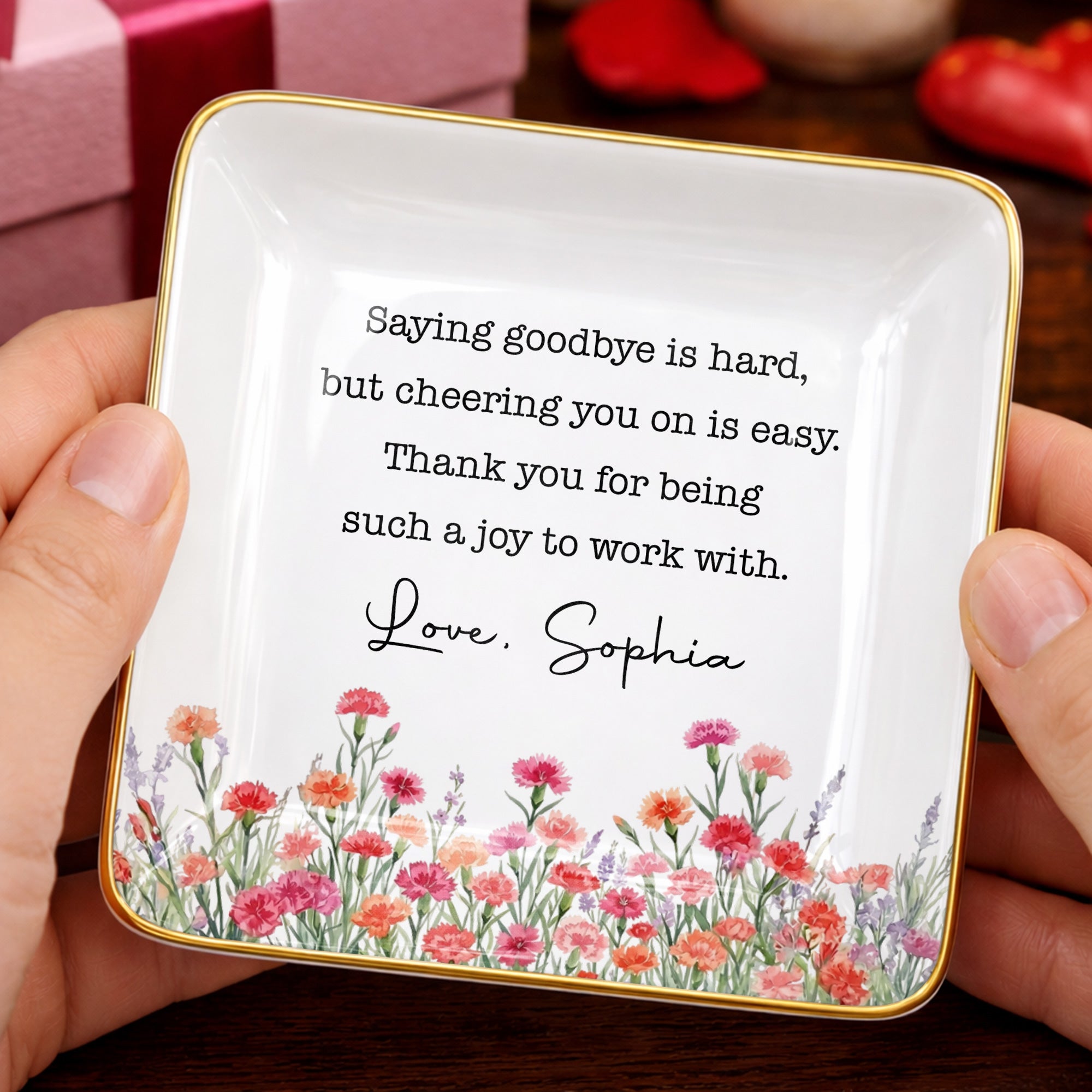 Saying Goodbye Is Hard Cheering You On Is Easy Floral Birth Month Flowers - Personalized Custom Jewelry Dish, Ceramic Dish, Square Shape - COL137_SCRF