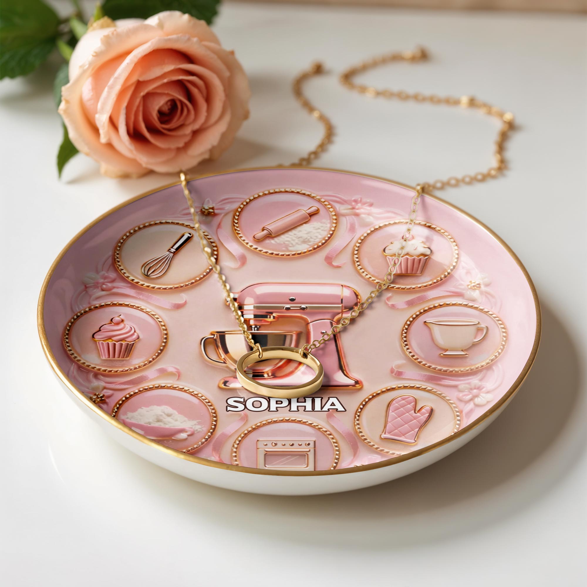 Baking With Love And Sweet Memories Stand Mixer And Whisk - Personalized Custom Jewelry Dish, Ceramic Dish, Round Shape - COOK021_RCRF