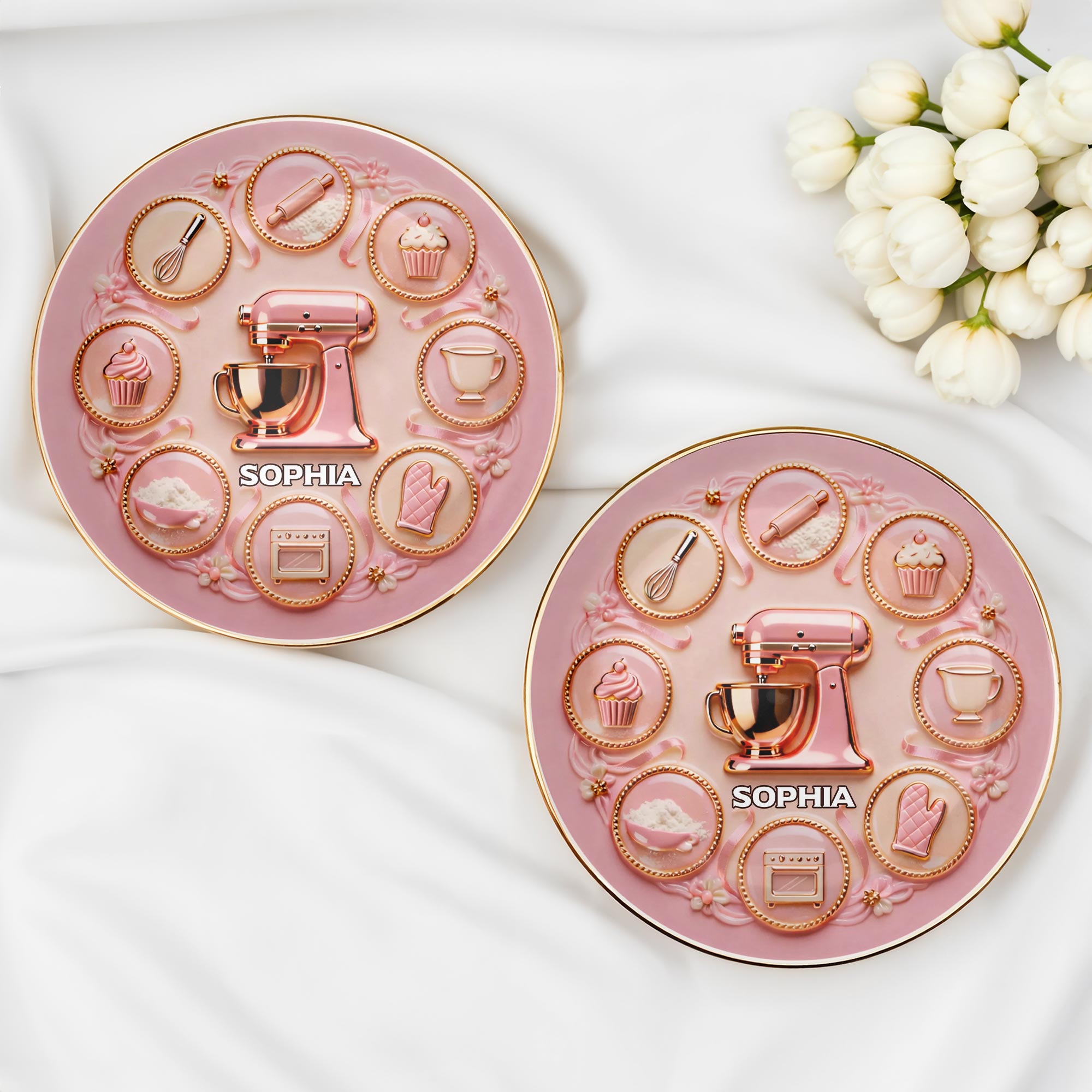 Baking With Love And Sweet Memories Stand Mixer And Whisk - Personalized Custom Jewelry Dish, Ceramic Dish, Round Shape - COOK021_RCRF