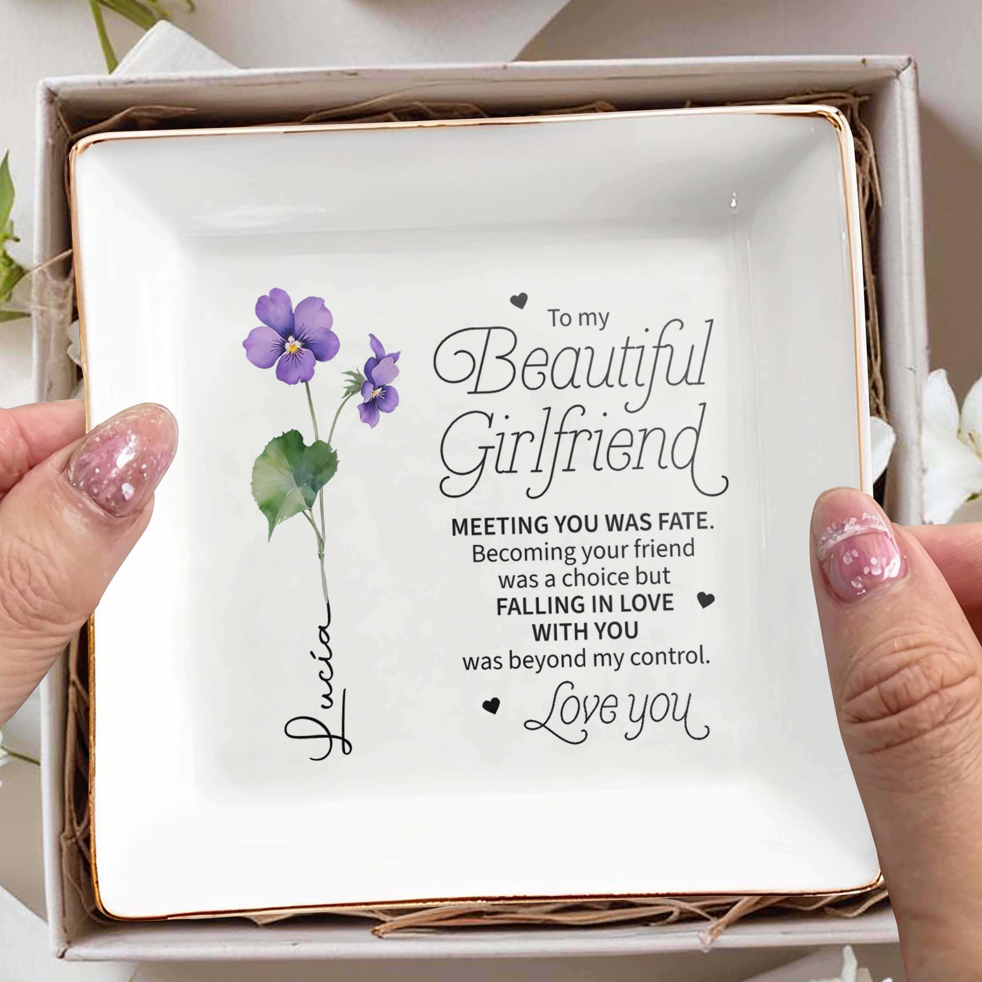Meeting You Was Fate Love Quote With Flowers - Personalized Custom Jewelry Dish - CPL013_SCRD