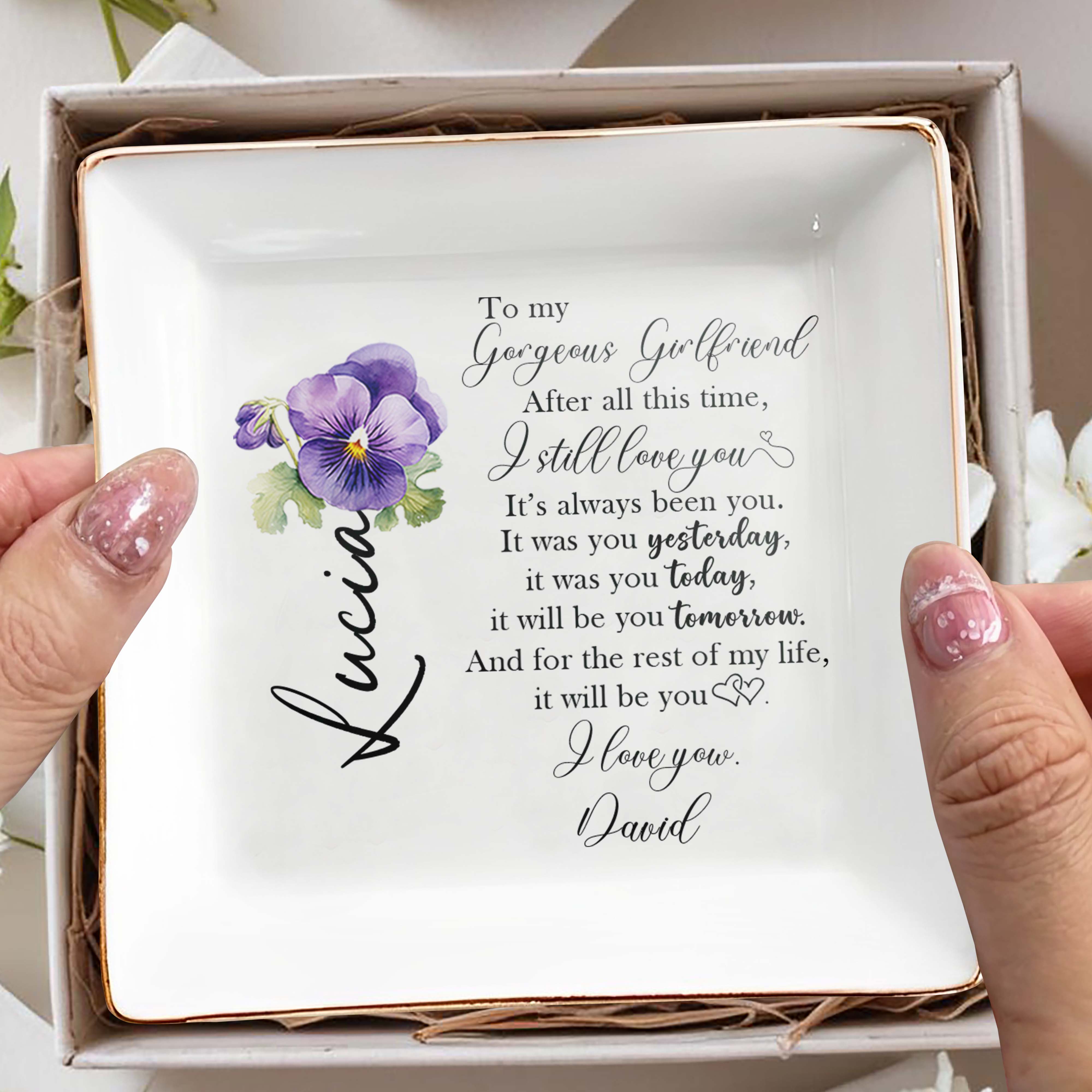 To My Gorgeous Girlfriend Eternal Love Pansy Flower Dish - Personalized Custom Jewelry Dish - CPL044_SCRD